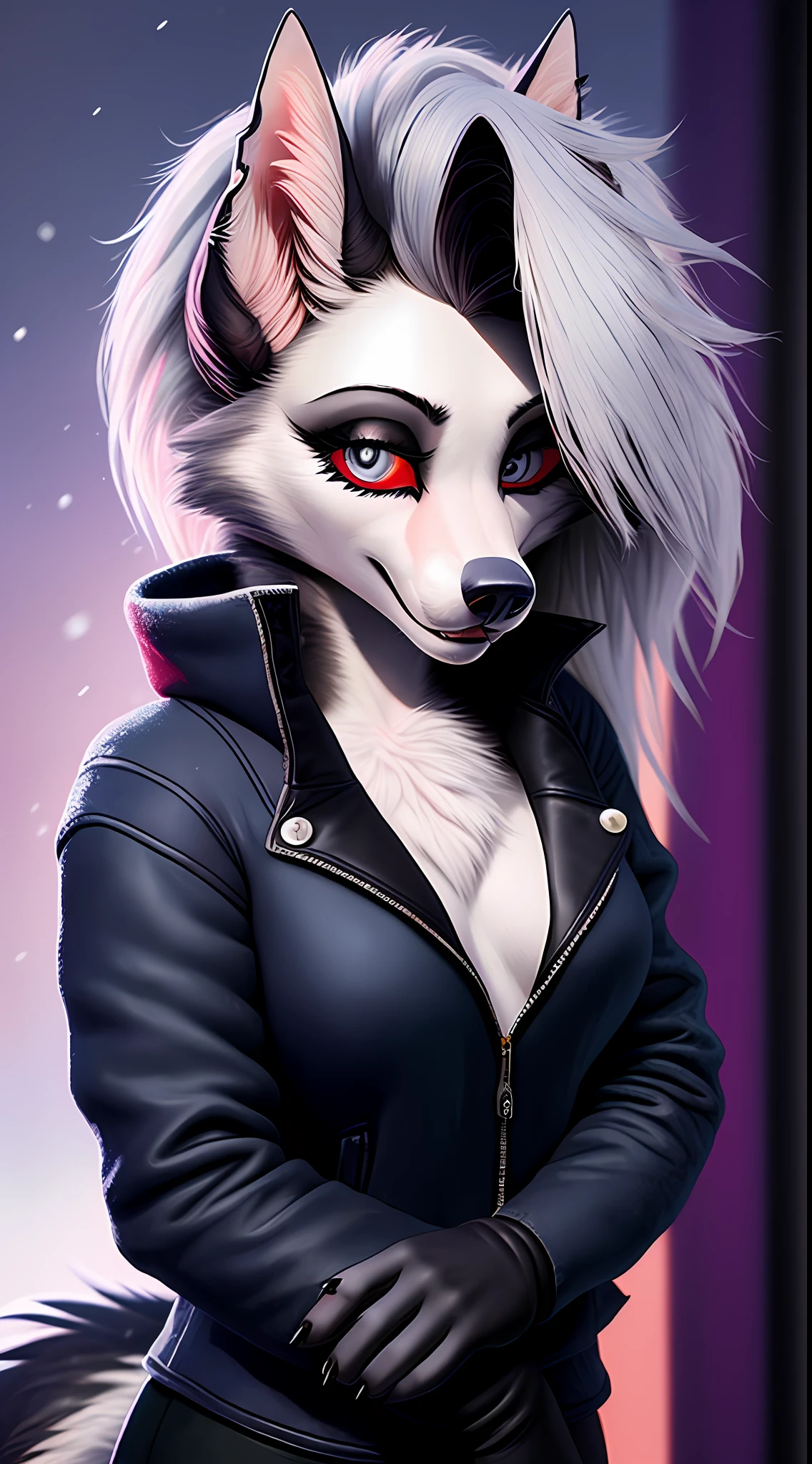 uploaded to E621, NSFW, raw photo, realistic, anthro, detailed face, detailed fur, beautiful and detailed portrait, muzzle, helluva boss, Loona Hellhound, Loona, high resolution, in snowy winter, winter clothes, winter jacket, small chest, whole body, beautiful, enthusiastic face, solo, 1girl