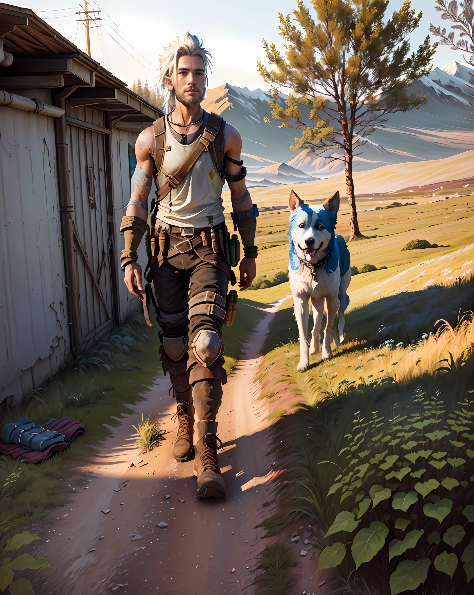 painting of a man standing in a field with a dog, realistic scene, hyper realistic adventure render, realistic fantasy render, in a post-apocalyptic setting, 3 d stylized render, standing on wasteland, photorealistic content, white shorts and hiking boots, photorealistic full body, photorealistic style, full body hyperdetailed shot, Nordic tattoos on the arm and leg..