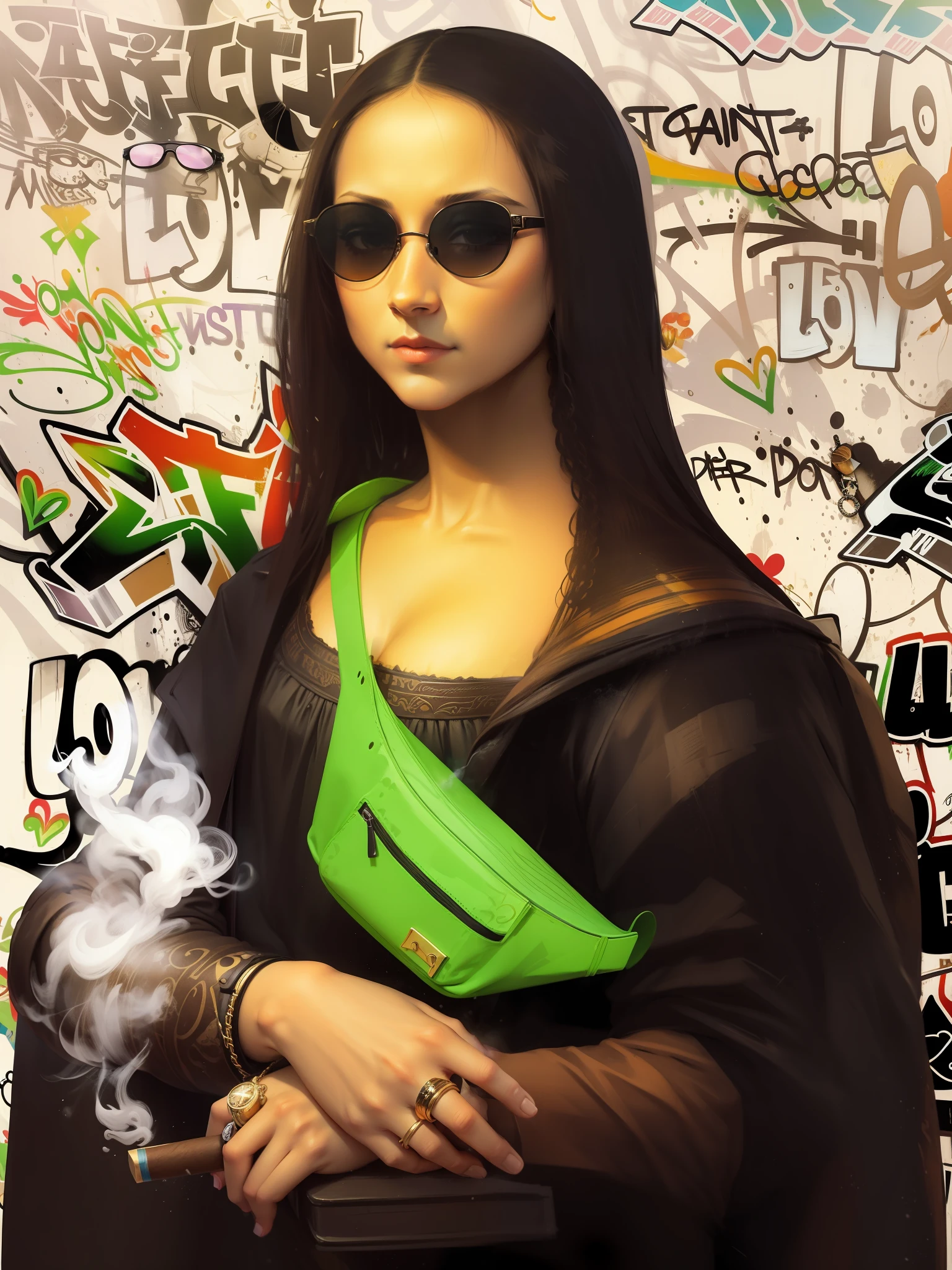 Monalisa street wear, shoulder bag, holding steaming lit cigar, rings, sunglasses, colorful street art graffiti background --auto --s2