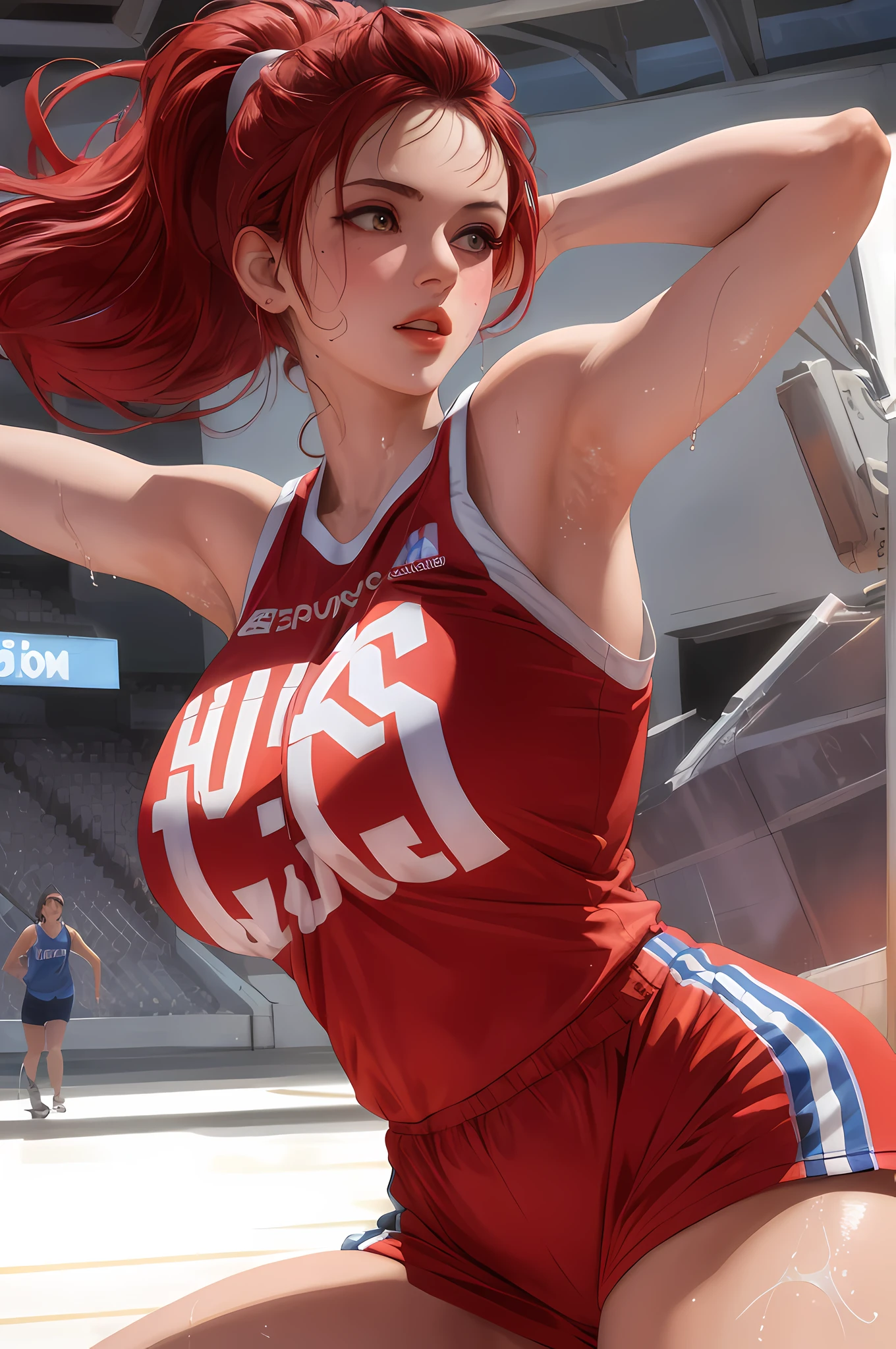 Masterpiece: 1.2, Best Quality), Realism, (Real Pictures, Intricate Details, Depth of Field), (1girl, Solo), Makeup, Lip Parting, High Detail, Perfect Face, (Huge Tits: 1.4), (Skindentation), Thick Thighs, Wide Buttocks, Thin Waist, Tall, Coral Lips, Red Hair, Red Eyes, Ponytail, (Girl Playing Basketball, Red Blue Jersey), (Sweating: 1.2), (Wet), Sexy, Blushing,