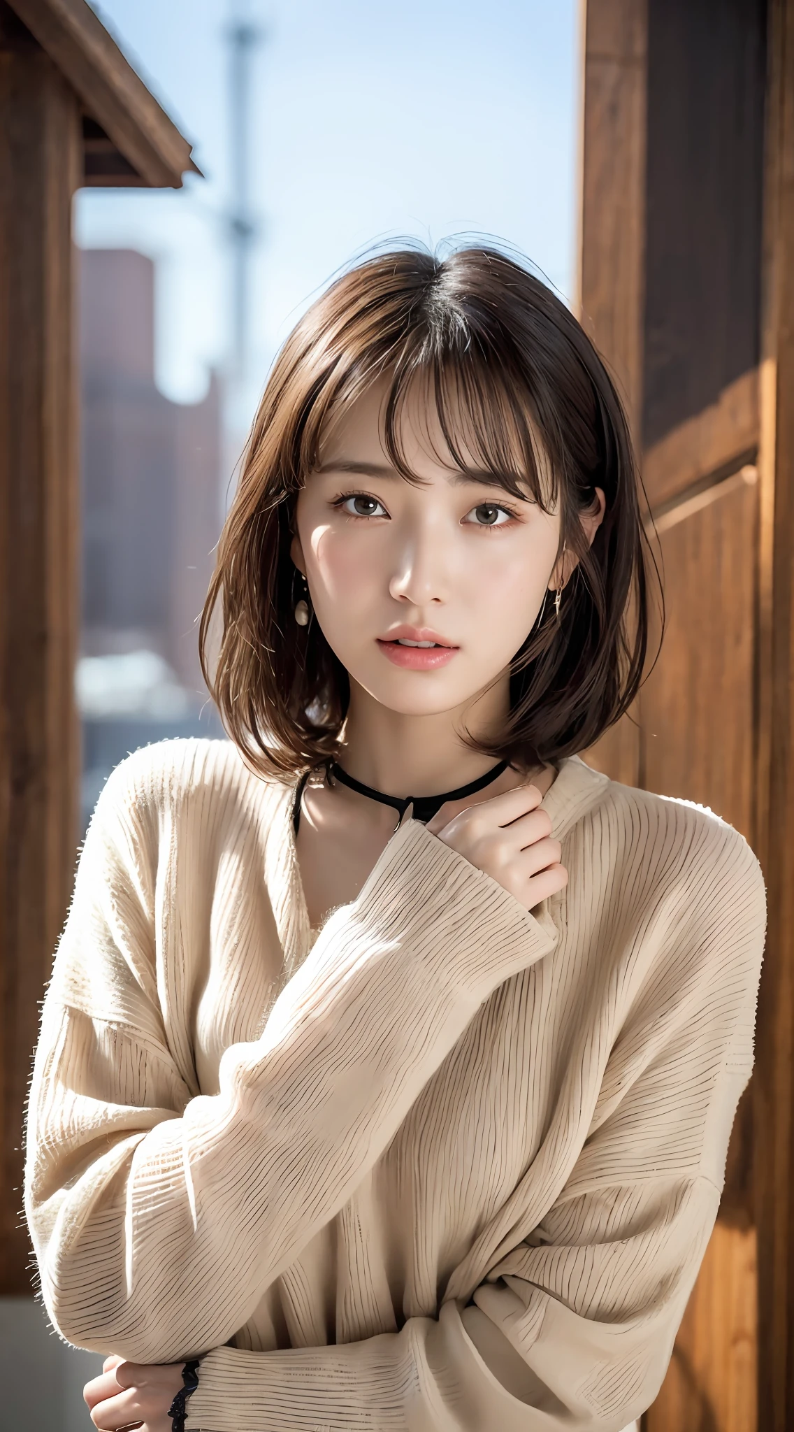 (8k, RAW photos, top quality, masterpiece: 1.2), ultra detailed, super resolution, (real, real photos: 1.37), portraits, high definition RAW color photos, professional photos, very detailed and beautiful, highly detailed, 8k wallpapers, amazing details, huge file size, official art, highly detailed CG Unity 8k wallpapers, highly detailed beautiful girls, highly detailed faces, Highly Detailed Eyes, Highly Detailed Skin, Highly Detailed Fingers, Very Detailed Nose, Highly Detailed Detailed Mouth, Perfect ???????, Detailed Background, Detailed Clothes, One Girl, (20:1.2), 20s, Cute Girl, Realistic Body, Petite, White Skin, Radiant Skin, Slim Body, Black Hair, Short Hair, (Blunt Bangs: 1.2), Cute, Youthful, Pretty Face, Realistic Face, Delicate Eyes, Sale Eyes, ( (Fashionable winter clothes)), ((Up)) Earrings, camera gaze, cowboy shots, front facing, standing position, contrappost, dynamic lighting, C cup breasts,