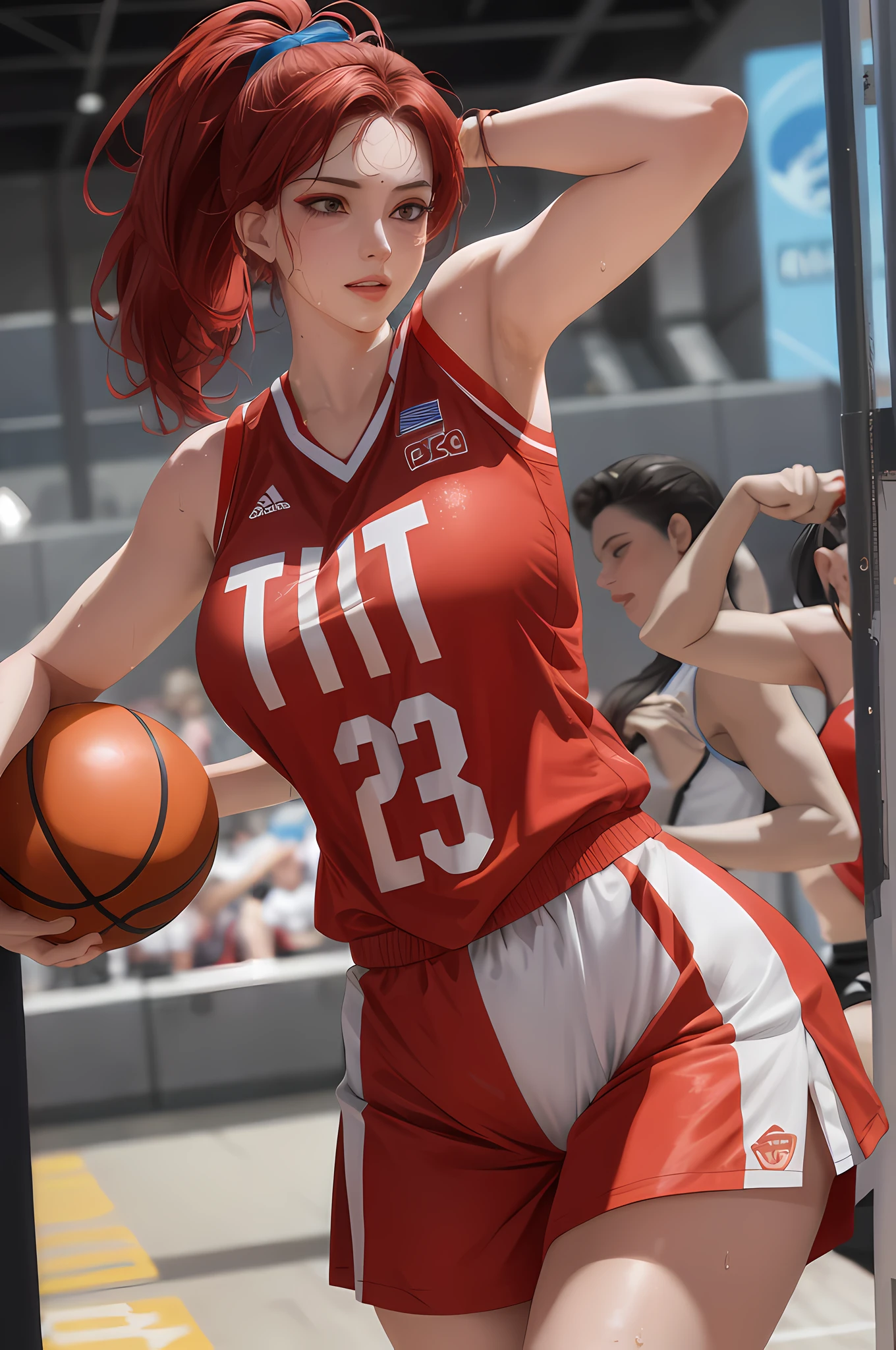 Masterpiece: 1.2, Best Quality), Realism, (Real Pictures, Intricate Details, Depth of Field), (1girl, Solo), Makeup, Lip Parting, High Detail, Perfect Face, (Huge Tits: 1.4), (Skindentation), Thick Thighs, Wide Buttocks, Thin Waist, Tall, Coral Lips, Red Hair, Red Eyes, Ponytail, (Girl Playing Basketball, Red Blue Jersey), (Sweating: 1.2), (Wet), Sexy, Blushing,