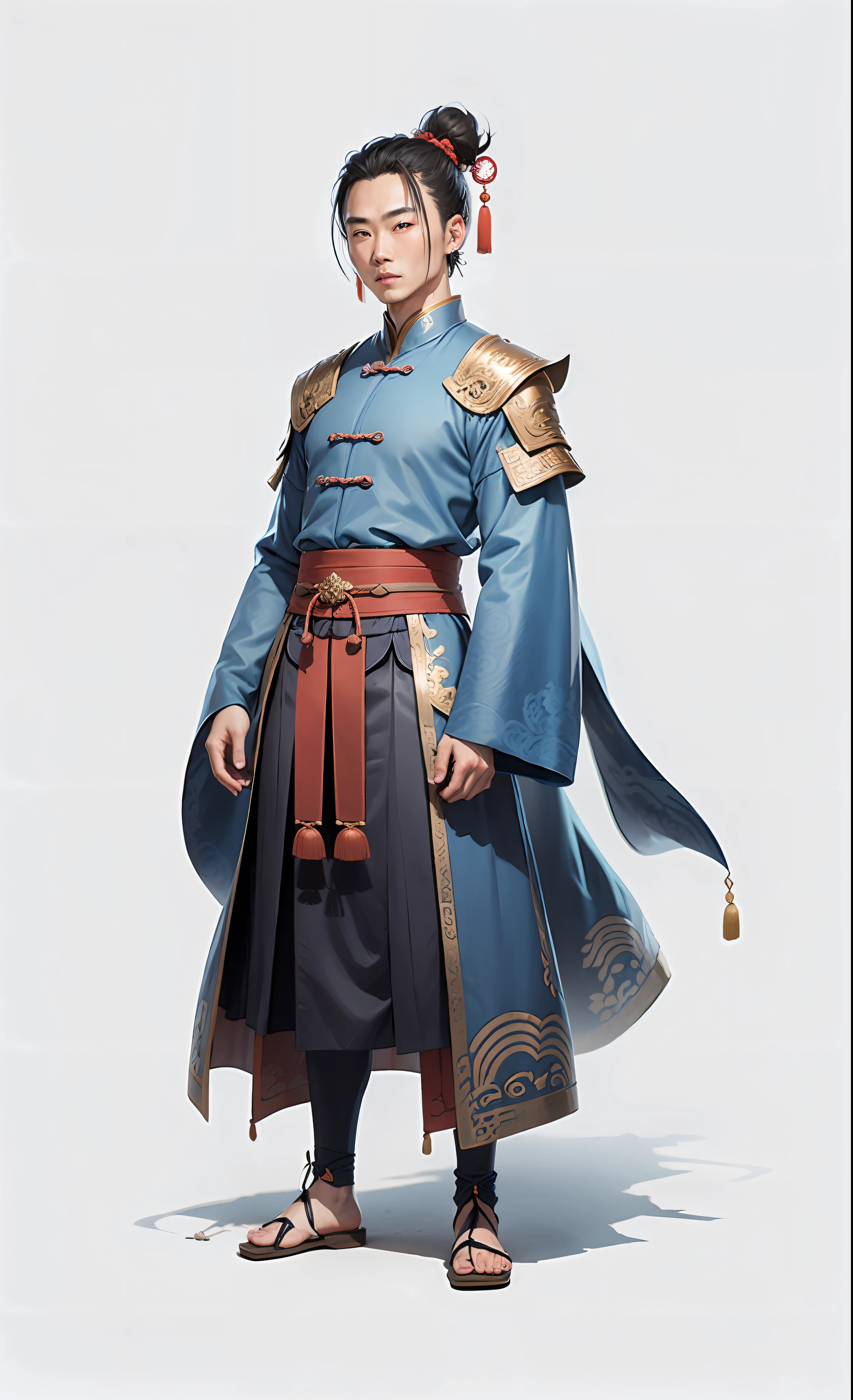 Ancient Chinese male, full body photo, gray background, blue clothes