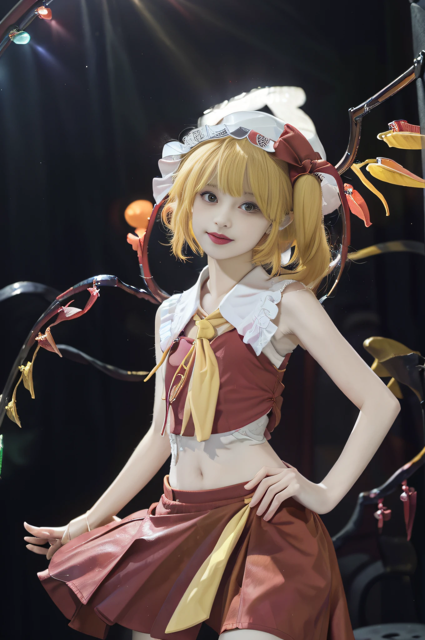 ((flandre scarlet)), ((Touhou Project)), Cosplay, ((yellow hair)), ((bangs)), ((side tail)), ((yellow tie)), ((open shirt)), ((red skirt)), ((white hat)))), (sleeveless)), ((light makeup)), (light clothing)))), (navel))), (jewel feather)))), (((Pause)) ), ((Western))), Slim girl model,  female model, (Devil's smile), (Looking at camera)