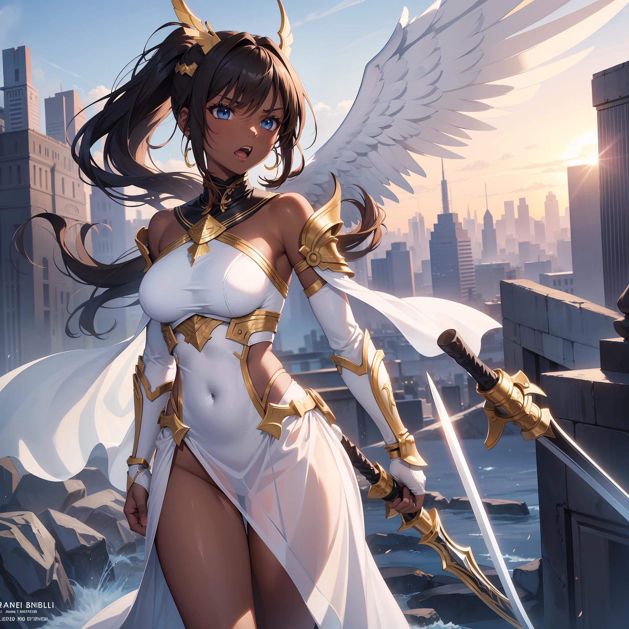 fantasy, 1angel_girl, brown_hair, ponytail_hair, (dark_skin)+, bare_shoulder, navel, thigh,silver_shiny_armor, white_clothes,waist_armor, glebe, hold_swords, big_, angry, dynamic_fighting_pose, floating, (1pair_white_wings), sunrise_city_background,(pelvic_curtain)++, open_mouth, headgear, large_ass