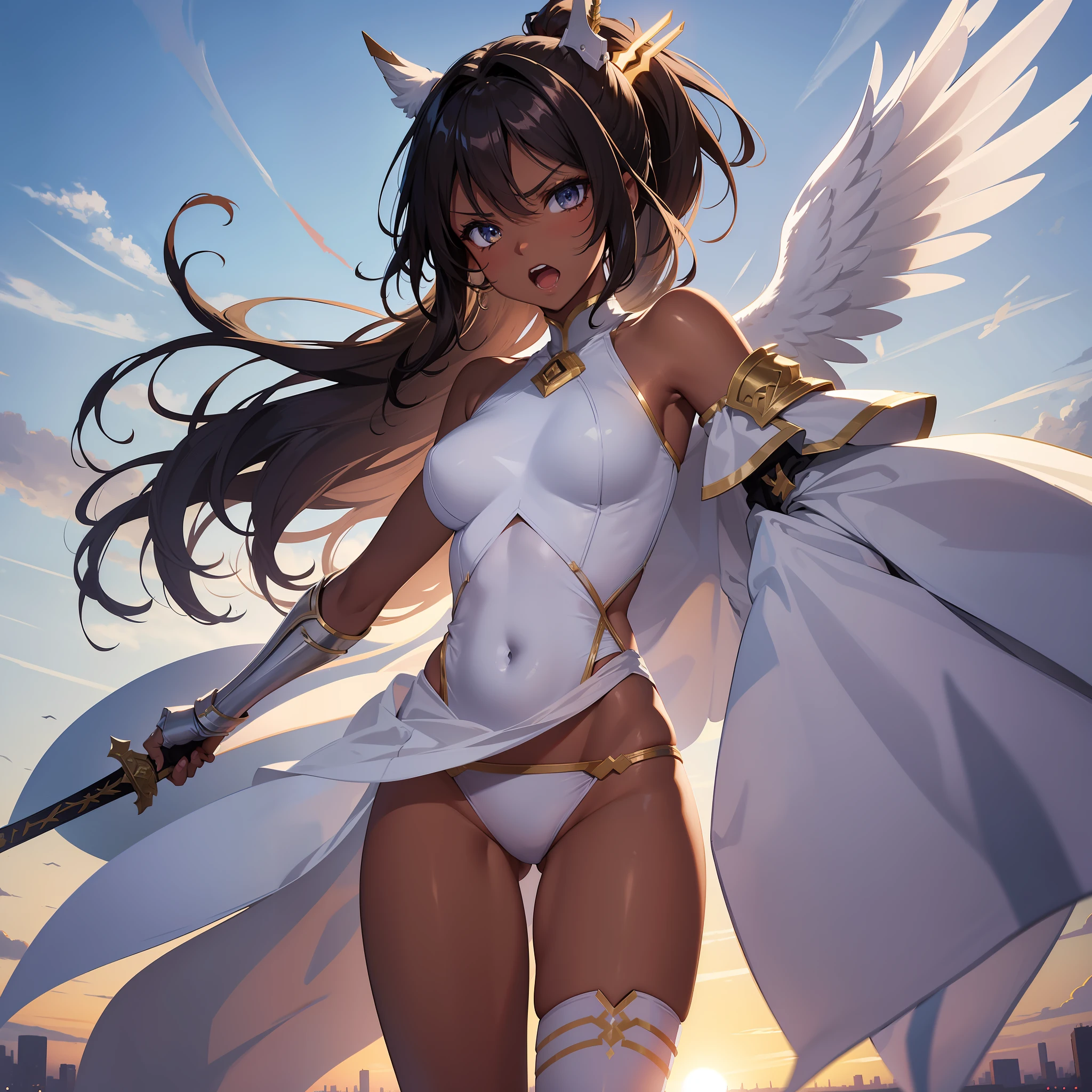 fantasy, 1angel_girl, , brown_hair, ponytail_hair, (dark_skin)+, bare_shoulder, navel, thigh,silver_shiny_armor, white_clothes,waist_armor, glebe, hold_swords, big_, angry, dynamic_fighting_pose, floating, (1pair_white_wings), sunrise_city_background,(pelvic_curtain)++, open_mouth, headgear, large_ass