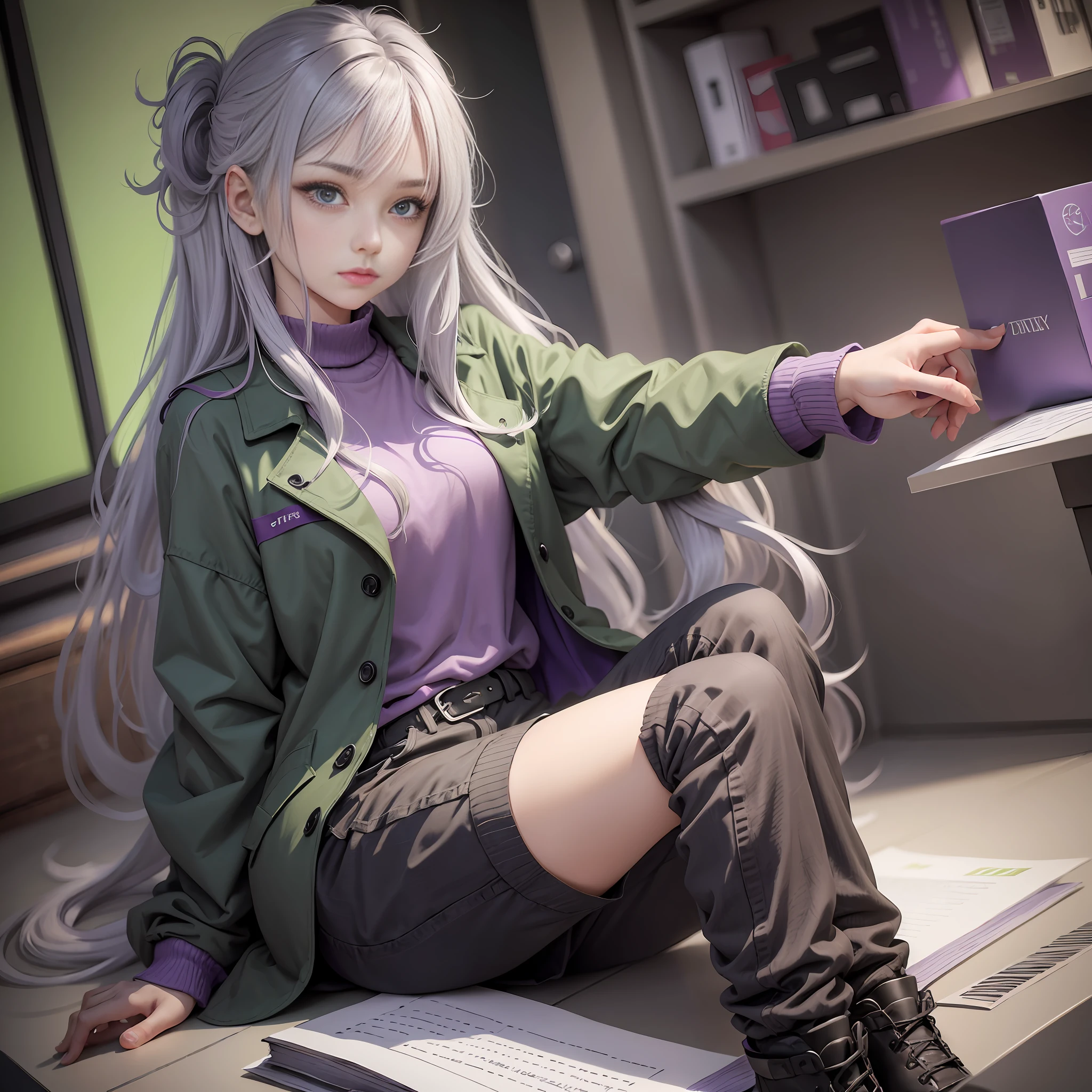 Gray hair, medium long hair, purple shirt, green coat, black pants, black shoes, extra long dull hair, girly, introverted, star pupils, cute --auto --s2