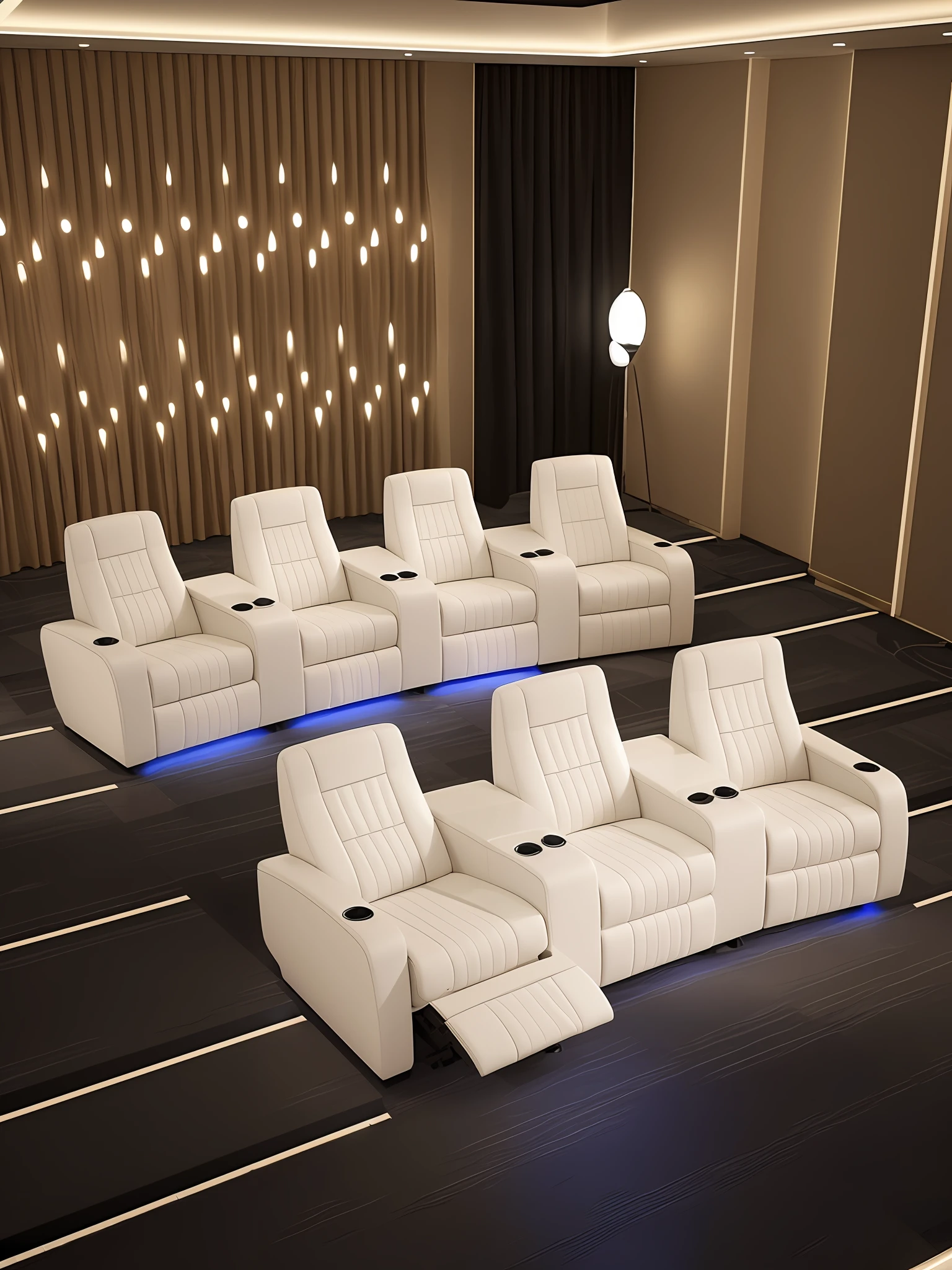 The room with white leather chairs and black carpet has a realistic high-quality cinema model, the cinema 4D rendering is ultra-realistic, and there are high-quality 3D product renderings and 3D renderings, coupled with meticulous film design and accent lighting, it is like being in a luxurious cinema viewing room with a high octane rating. --auto --s2
