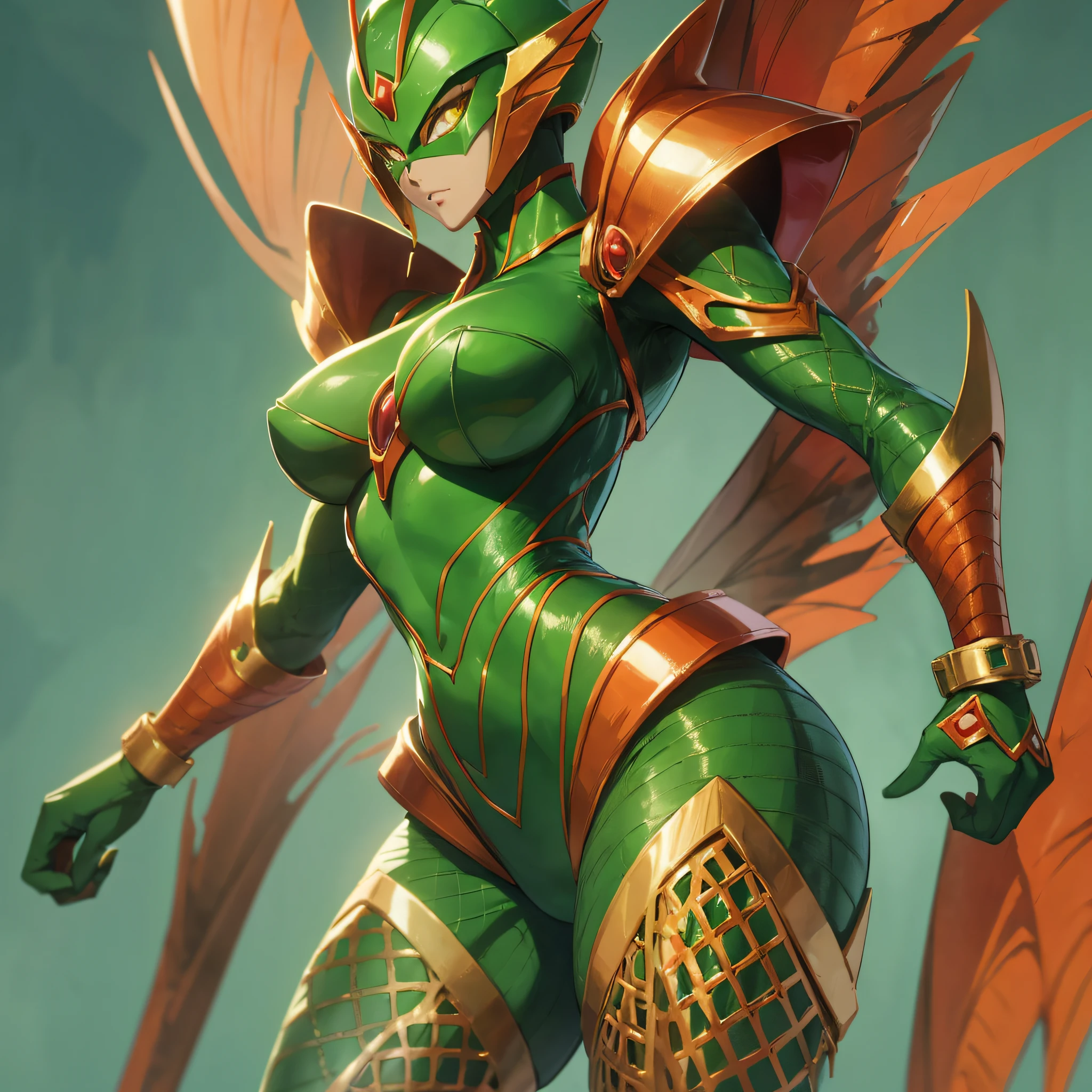 Cartoon photo of woman in green and red costume, hot insect humanoid woman, Guyver style, SFW version, scaraber reploid, tail, cel shade adult animation, alien queen, serpentine pose, --auto --s2