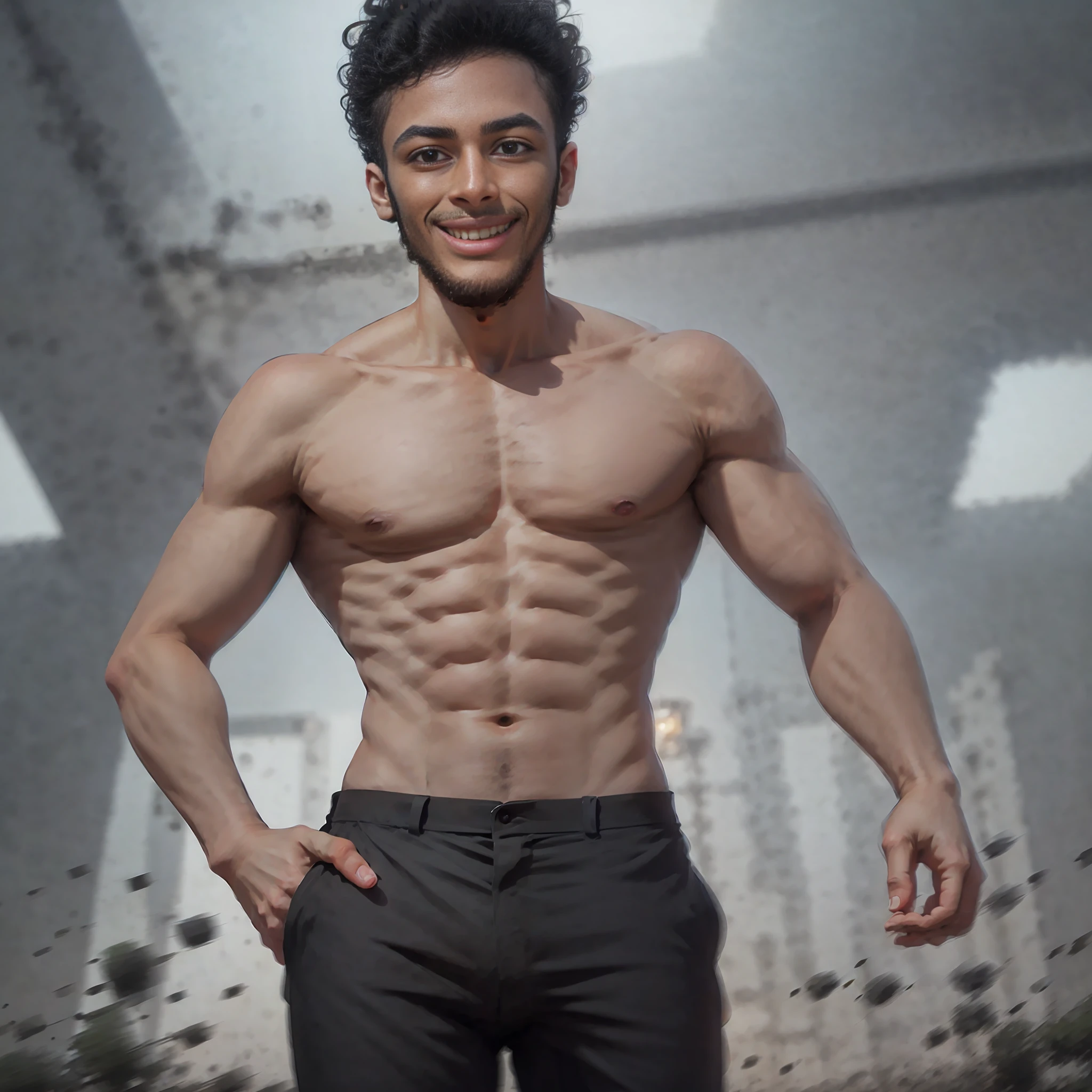 A shirtless man in florest wearing dress pants, ((1 man)), lighted space, black hair, solid circle eyes, clear smile, (brown eyes), POV, atmospheric perspective, cinematic lighting, 8K, super detail, best quality, perfect hands, ((1 head))