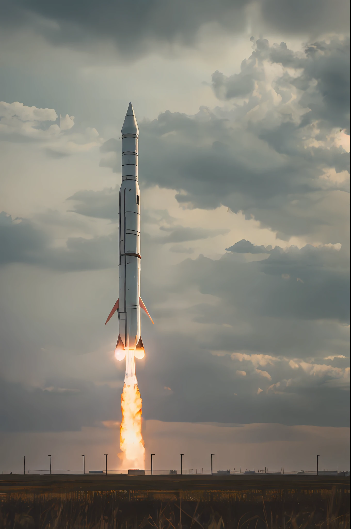 Gloomy, apocalyptic, mysterious, eerie, sky, rocket at the bottom of the picture, a rocket, launch, gray,