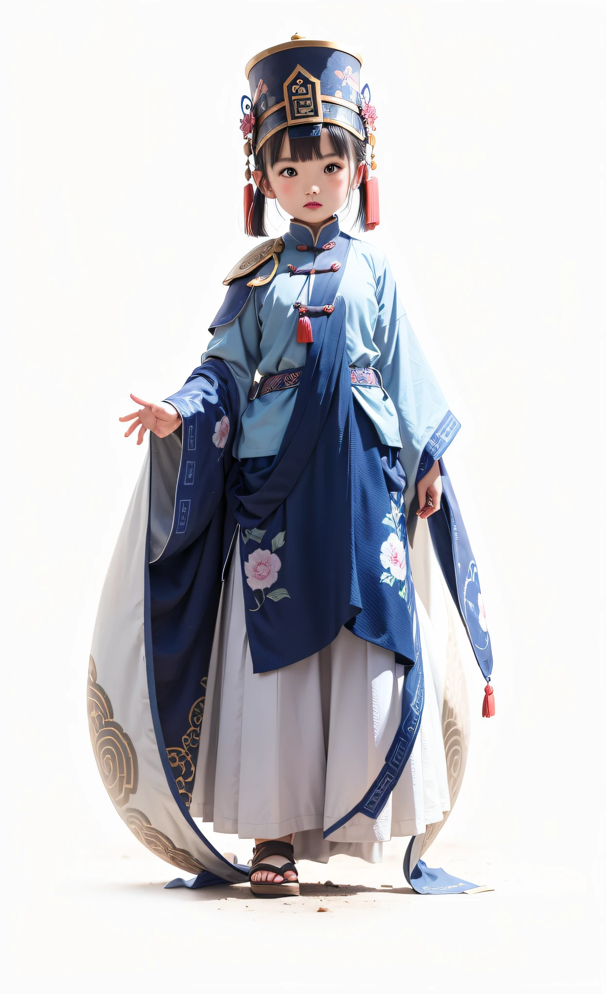 Ancient Chinese girl, full body photo, gray background, blue clothes