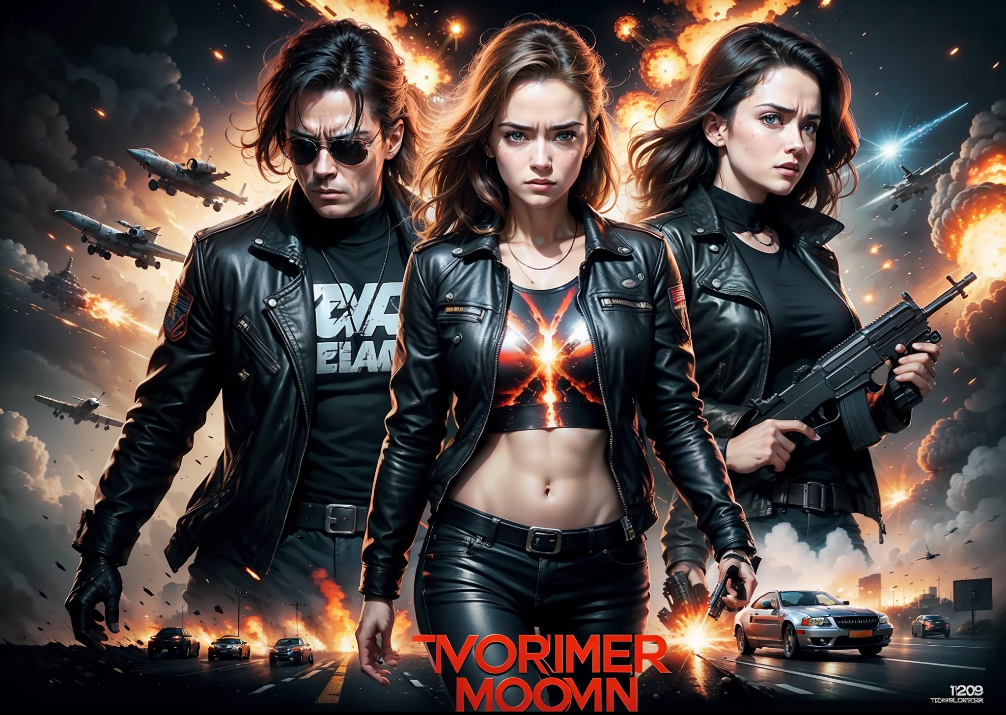 Terminator movie poster woman, explosions, guns, cars, planes