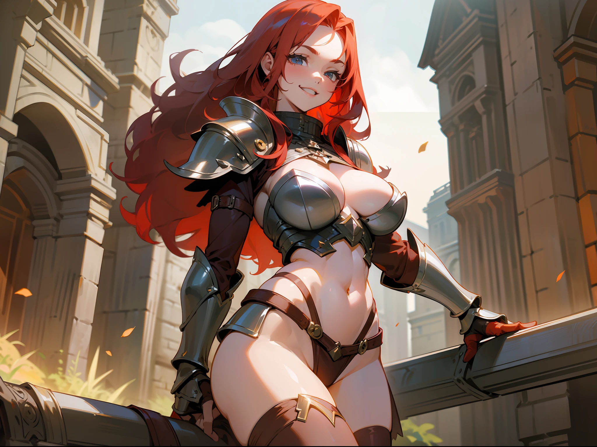 masterpiece, best quality, mature woman, strong, long red hair, light eyes, smile showing teeth, berserker, light leather armor, beautiful breasts, exposed thighs, exposed navel, boots, thin thong, fantasy, medieval, outdoor, dungeon background, dynamic pose, beautiful detailed glow.
