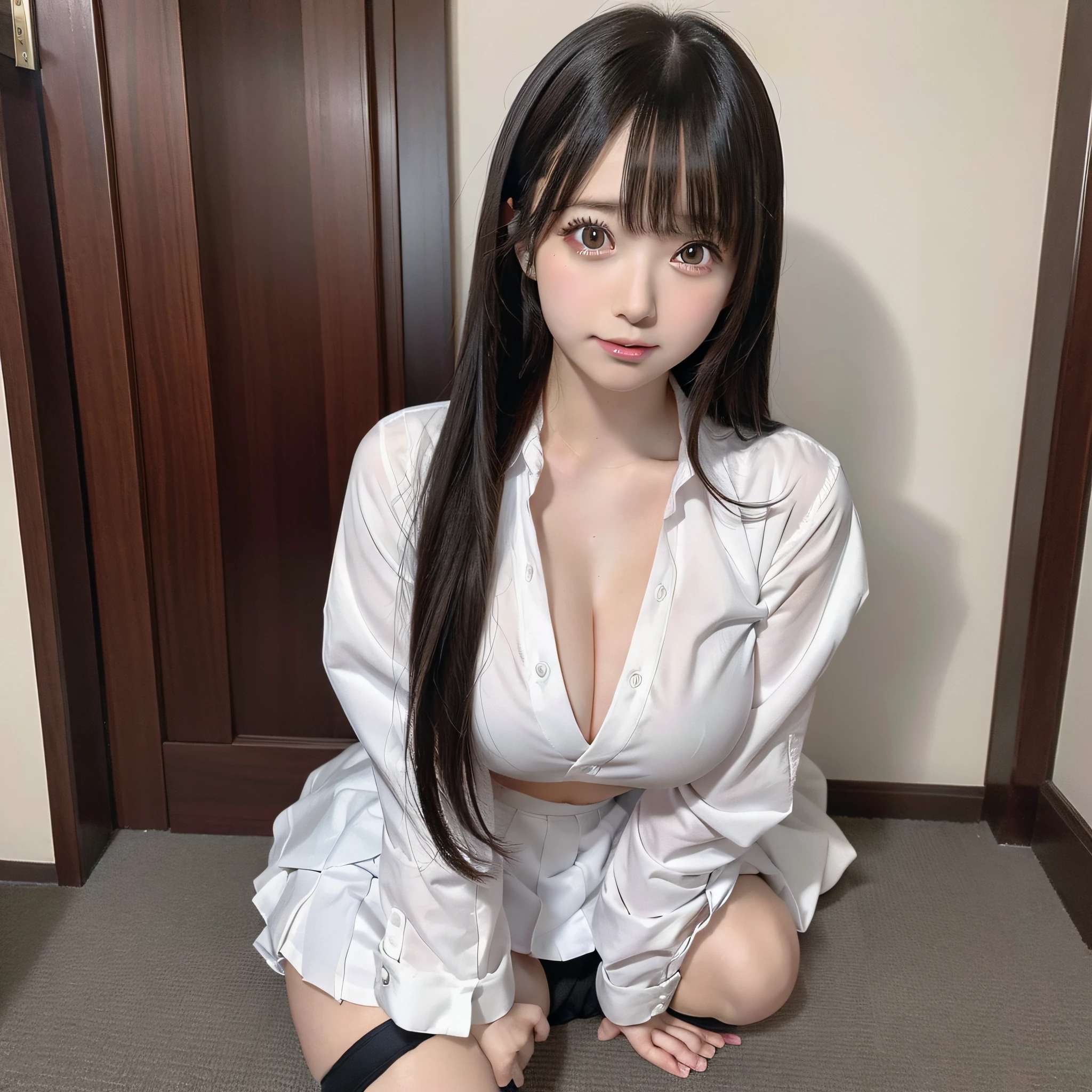 Student, long and untied black hair, pinched eyes, long eyelashes, nice style and very large breasts, visible white skirt pants, anime style, beautiful anime student, surreal student, surreal student, seductive anime girl, realistic student, large breasts emphasized, anime style, thighs, thighs, soft anime cg art, surreal student, surreal school girl, seductive anime girl, realistic school girl, cg soft anime art, anime girl crouching, beautiful girl anime school, beautiful anime girl crouching, teen cute attractive anime, ecchi anime style, photorealistic rendering of anime girls