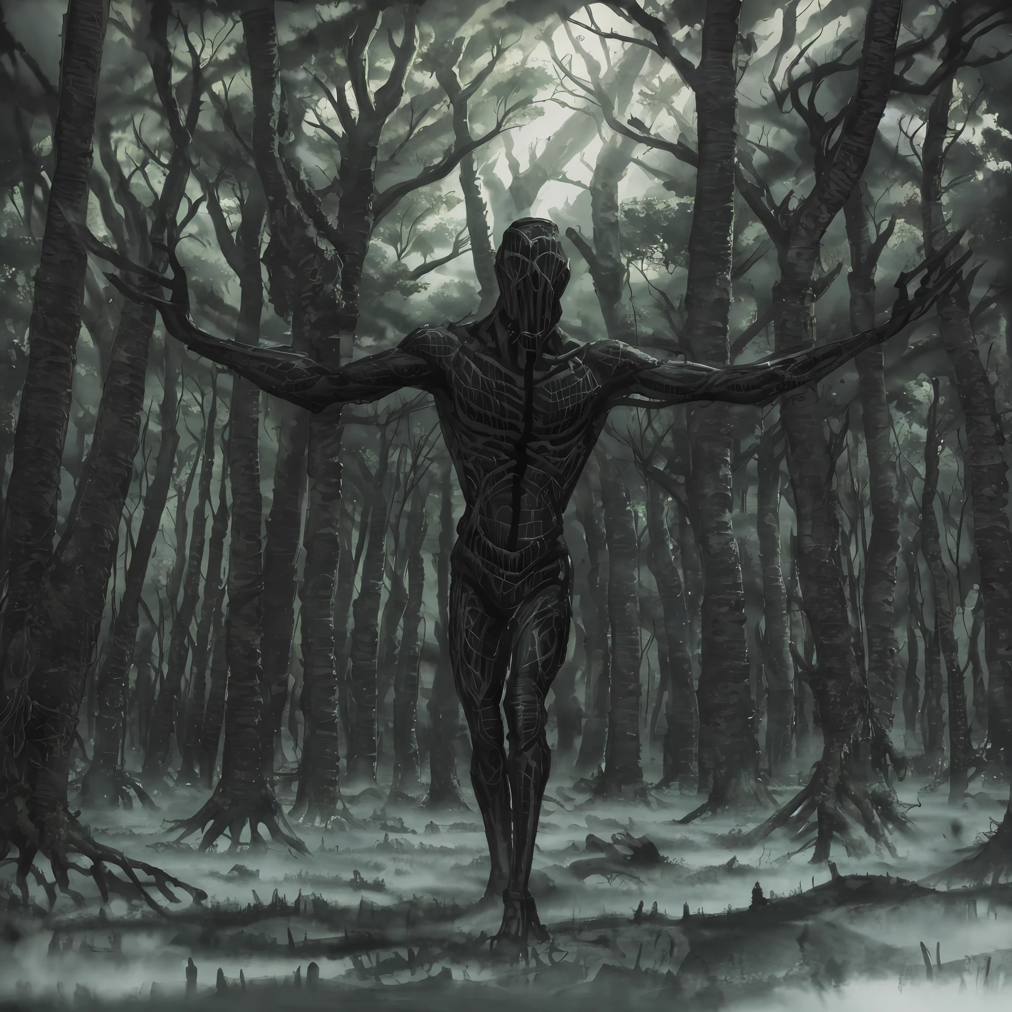 Dark creepy forest with a large black figure in between the trees with there body seamlessly made of a black void with unnaturally long arms and legs looking unhuman standing as high as the trees with two hyper realistic pencil drawn eyes --auto --s2