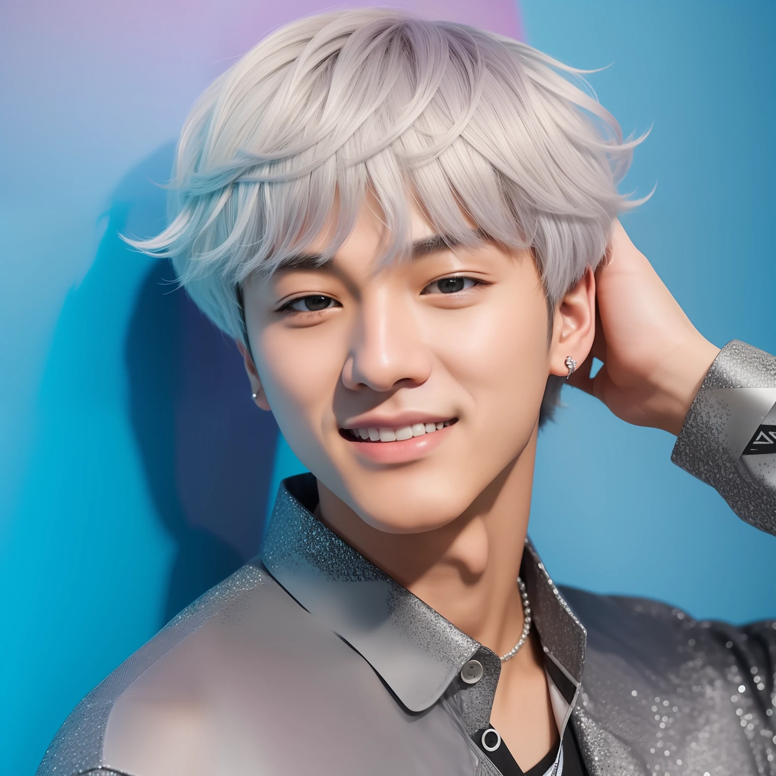 Kim Taehyung (BTS), South Korean male artist, 18 years old, short silver-white hair, tin foil perm, wearing a trendy brand, smiling expression, realistic portrait, taking a photo in front of a wall with a colorful gradient, Raw simulation style, making him the focus of the image. Pay attention to details such as highlights and shadows on the face and hair to create a realistic and realistic image. Try different lighting techniques to enhance the mood and atmosphere of your portrait. ((High Detail Skin, Skin Detail)), Clear Focus, Volumetric Fog, 8K Ultra HD, SLR, High Quality, Film Granules, Fujifilm XT3