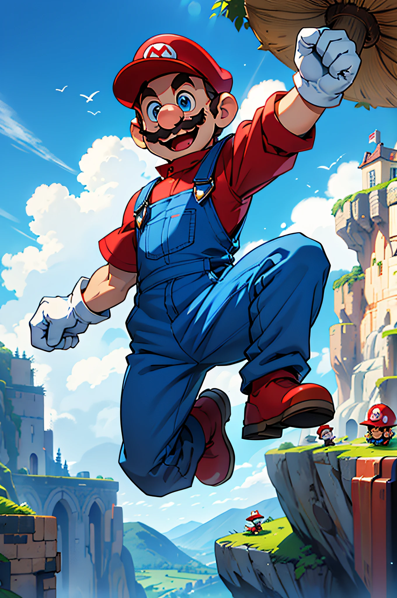 (masterpiece), (bestquality) supermario, blue overalls, red shirt, red cap, smiling, 1boy, short man, little man, short legs, short arms, cartoon looking, jumping, dynamic pose, dynamic expression, smile, (fist up:1.1), big hands, big foot, (white gloves:1.1), mushroom kingdom in the background, giant mushrooms in the background, detailled background, castle with pink roofs on a mountain in the background, cartoon style, defined eyes, blue eyes, white teeth