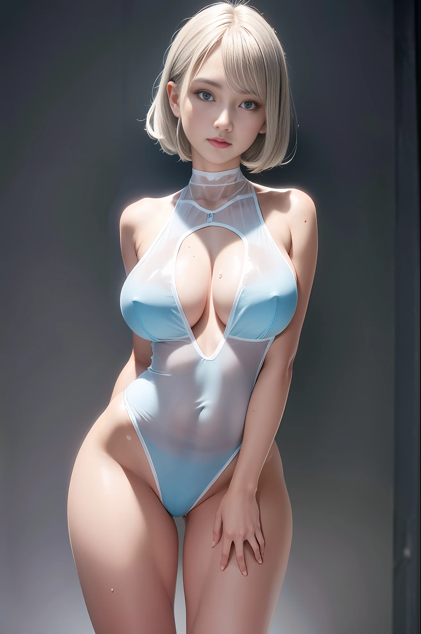 Body Line, Full Body, Bodysuit, 8K Image Quality, Sheer Transparent Clothing, Pose, Appeal, Bewitching, Sexy, Exciting, Silver Hair, Blue Eyes, See-through, Nipples, String Clothes, Semi-Long, Short Hair, Undressing, Open Legs, Flexible, Body Enhancement, M-Shaped Legs, Kicking, Sheer Clothing, Body Is Wet, Water, Perfect Body, Full Body Shot, Masterpiece, Spread Legs, Skin Details, Super Detail, Beautiful breasts, spread thighs, bare out, beautiful buttocks, underwear, light clothing, climax, happy face, estrus, use of health equipment in the crotch, lower breasts, milk bags, cleavage, AV pose, sexy pose, hand bra, hide crotch with hands, no clothes, perfect shiny skin, perfect skin, fair skin, huge breasts, thin strings, curly hair, bob hair, torn clothes, lift breasts with hands, plump, hide with hands, (shiny skin, sweating: 1.4), Dynamic lighting, high resolution, sharp focus, depth of field, breast rubbing