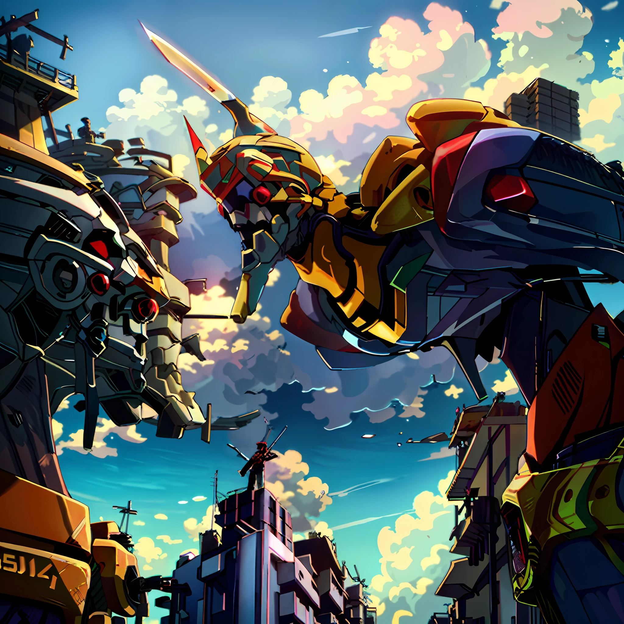 sky, clouds, holding_weapon, no_humans, 1machine, camera gaze, android, EVANGELION, golden glow, robot, (with Japan sword: 1.3), Japan Tokyo, city, traditional buildings, (Japan buildings), urban, reality,
