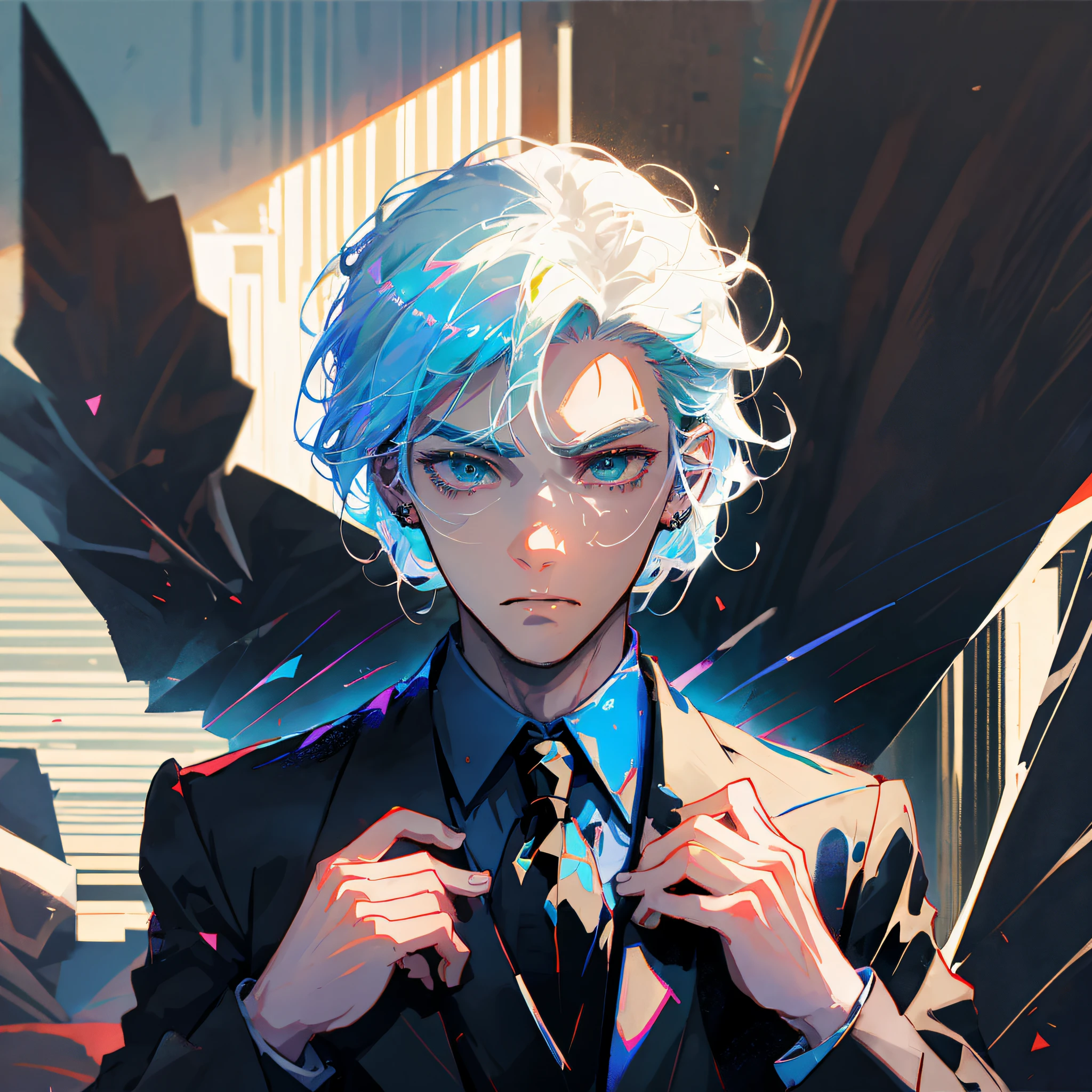 Anime style green eyes blue hair suit male illustration, cyber digital anime + Rostelan, handsome guy in demon killer + detailed red drawing + 8K wallpaper. --auto --s2