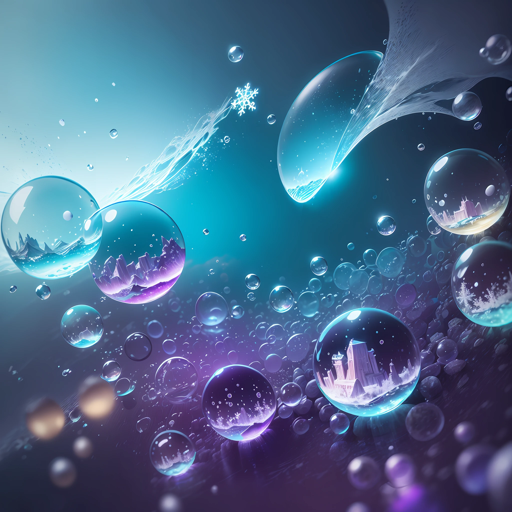 Computer volumetric graphics, realistic fantasy, Extensive landscape ultra photography (general view, which shows a glass glass, water, circles on the water, ice crystals, snowflakes, bubbles,), blurred background, warm, turquoise, purple background, magic --auto --s2