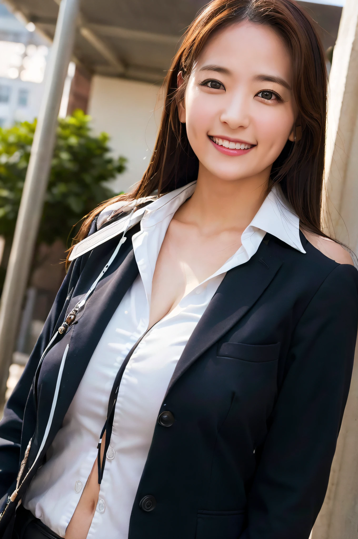 1girl, happy, smiling, (at street:1.2), ((office uniform:1.2)),night, RAW photo, (photorealistic:1.37, realistic), highly detailed CG unified 8K wallpapers, looking at viewer, (((straight from front))), (HQ skin:1.8, shiny skin), 8k uhd, dslr, soft lighting, high quality, film grain, Fujifilm XT3, ((upper body:1.6)), (professional lighting:1.6)