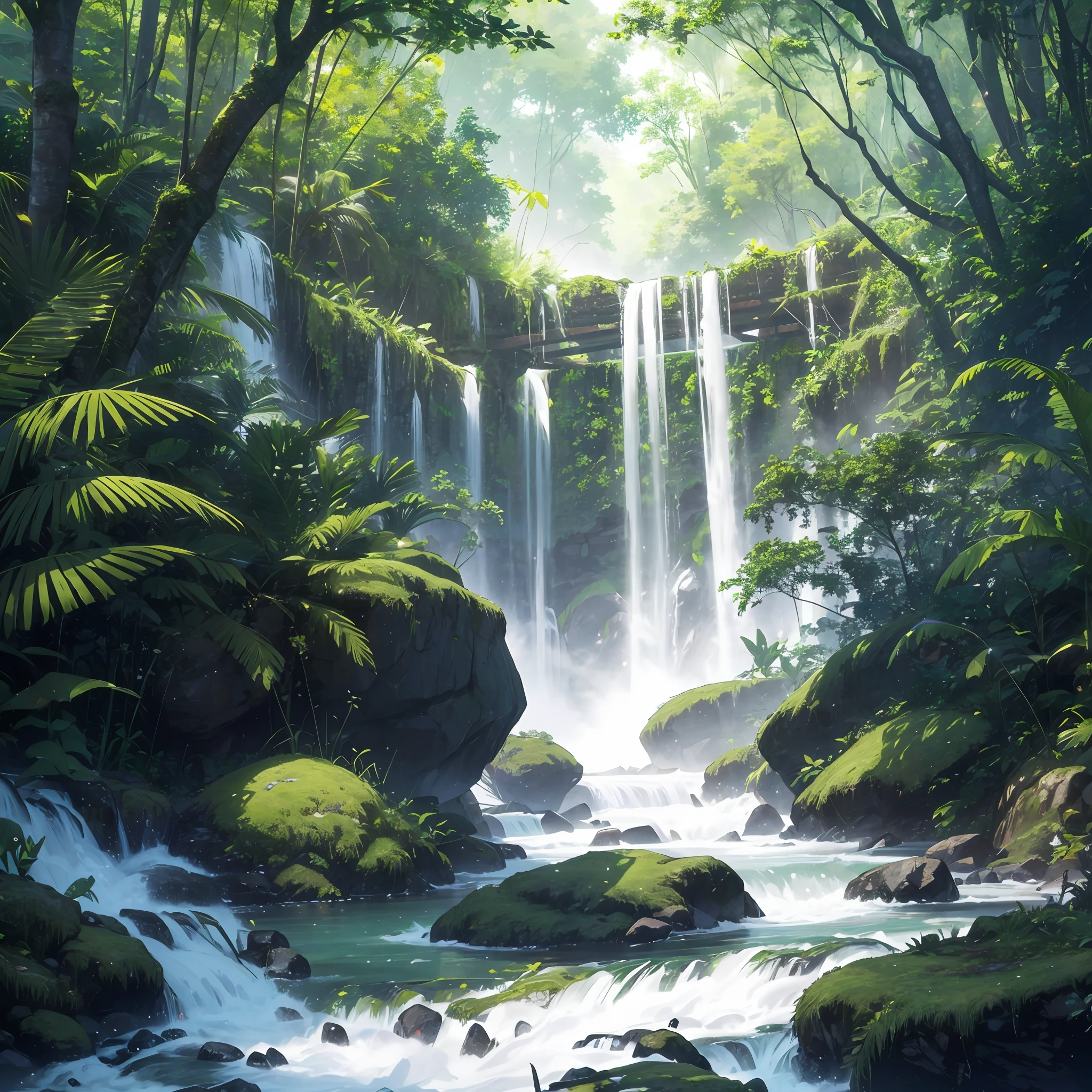 res, ultra detailed, (no human:1.3), BREAK , Create an image using a dark rainbow prism effect, with light refracting and creating ethereal cinematic appearance. BREAK , Design an image with a cinematic lens , capturing a wide field of view with a distinctive, curved perspective. BREAK , Capture a wide river,dense rainforest , with aged thick trees, rocks, waterfall,trees with colorful flowers,dappled sunlight, and a sense of tranquility and natural beauty. BREAK , Illustrate a rainforest world, using only godray shades of nature to convey depth, emotion, and a striking visual impact --auto --s2