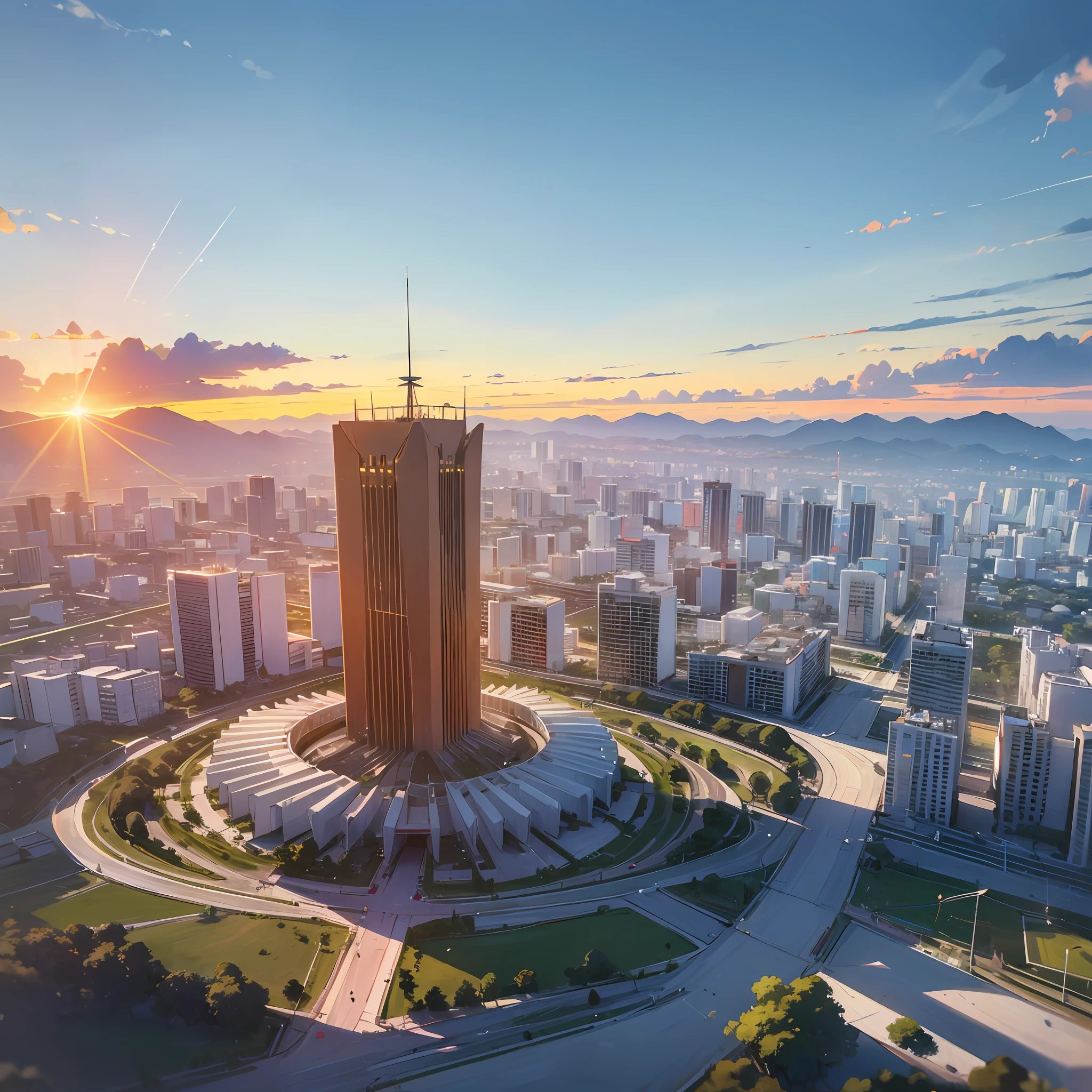 ((Realistic lighting, Best quality, 8K, Masterpiece: 1.3)), Clear focus: 1.2, ((1 drone)) flying over the city of Brasilia, ultra realistic national congress, Brazil, at sunrise --auto --s2