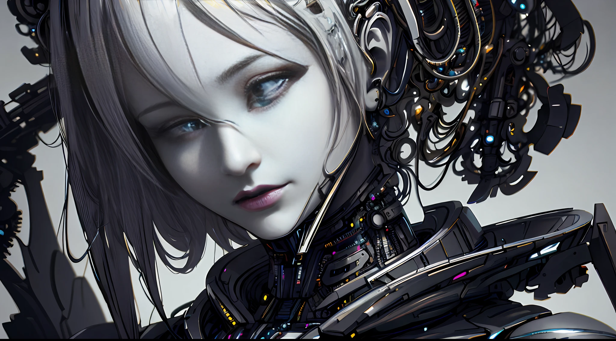 ultra detailed complex 3d rendering of a gorgeous porcelain profile android face, cyborg, robotic parts, 150 mm, beautiful soft studio light, rim light, vibrant details, luxurious cyberpunk, lace, hyper-realistic, anatomical, facial muscles, electrical cables, microchip, elegant, beautiful background, octane rendering, HR Giger style, 8k, best quality, masterpiece, illustration, extremely delicate and beautiful, extremely detailed, CG, unit, wallpaper, (realistic, photorealistic: 1.37), amazing, finely detailed, masterpiece, best quality, official art, 8k unit wallpaper CG extremely detailed, absurd, incredibly absurd, robot, silver helmet,