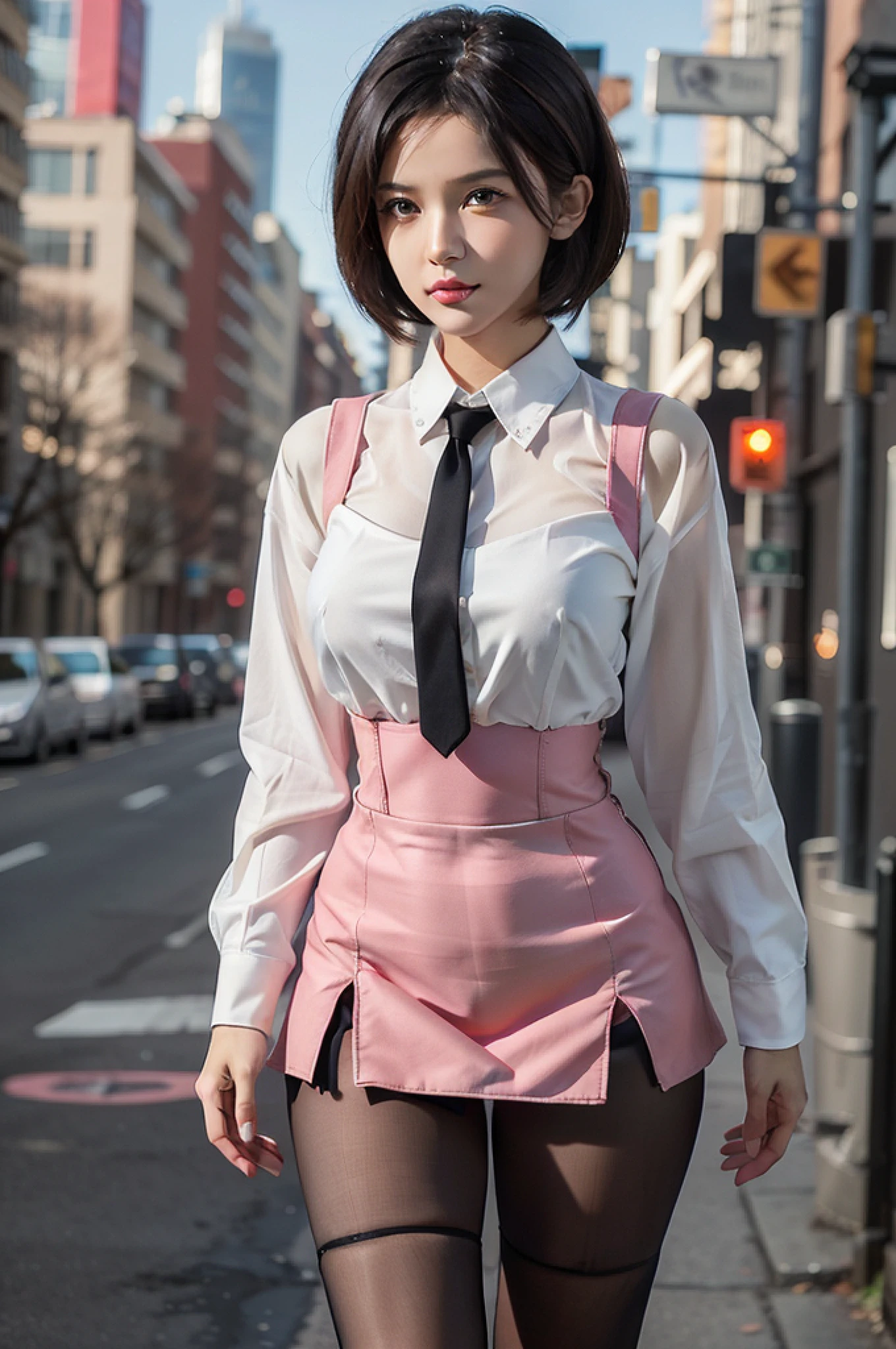 Pretty girl standing, thin legs, high heels on the ground, on the road, (masterpiece:1.3), (8k, photorealistic, RAW photo, best quality: 1.4), (1girl), beautiful face, (realistic face), (black hair, short hair:1.3), beautiful hairstyle, realistic eyes, Nice detail eyes, realistic skin, beautiful skin, super high resolution, super realistic, very detailed, golden ratio, cute, cute schoolgirl, pink suit, surreal high school girl, pink tight skirt, pantyhose, white suspender stockings, full body view, thin arms, long hair, big breasts