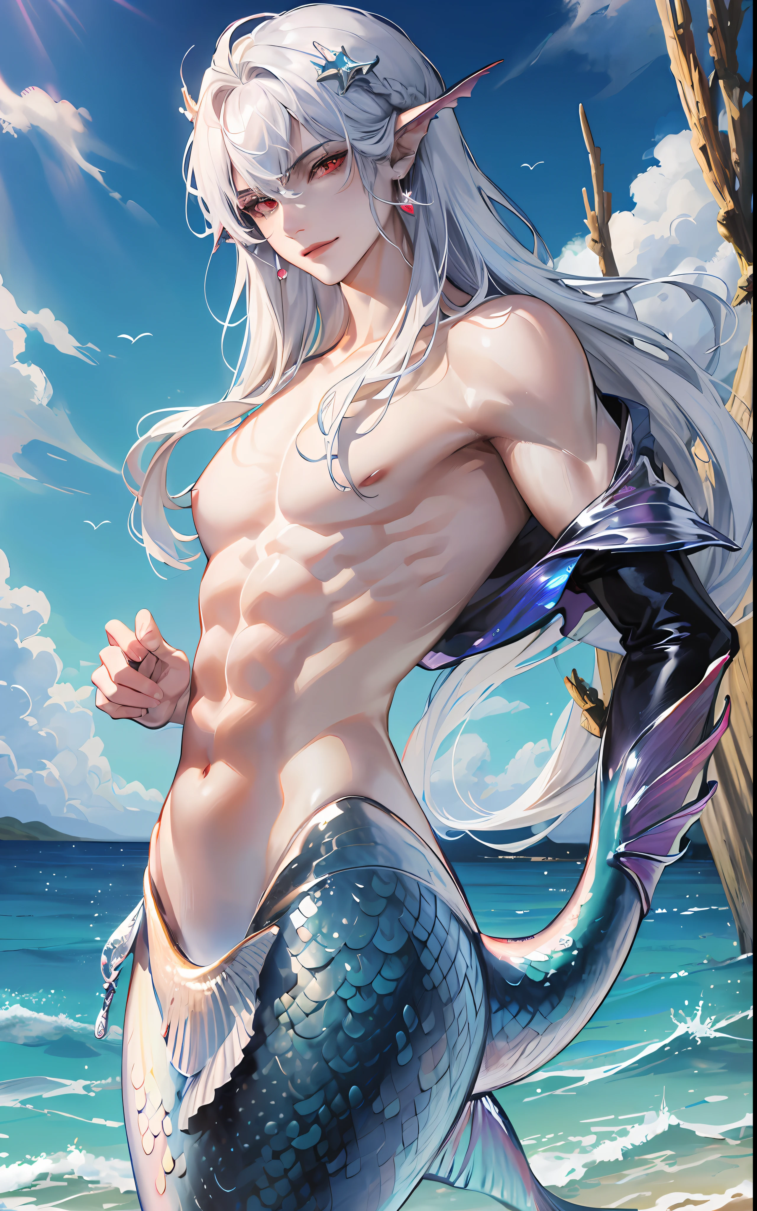 man, masculine, masculine face, attractive, muscular, (((1man))), masterpiece, absurdres, best quality ,intricate details , (shiny skin, shiny body, shiny oily luster skin, shiny hair, pale skintone), Sundown, attractive, ((muscular)), adult, one, earrings, Don't look at the view , Not looking at the view, silver hair, braided hair, perfect detailed face, perfect detailed hands, triton, fins, red eyes, triton ears, ((MLS)), smirk, medium large shoot, marine ornaments, beach in the background, ((mermaid tail)), no legs