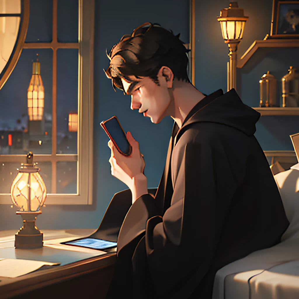 A 20-year-old boy with short hair in a black robe, puzzled, head down, typing with mobile phone in both hands, back against windowsill, bedroom, bed, lamp, night, upper body side display, masterpiece, textured skin, high quality, high resolution