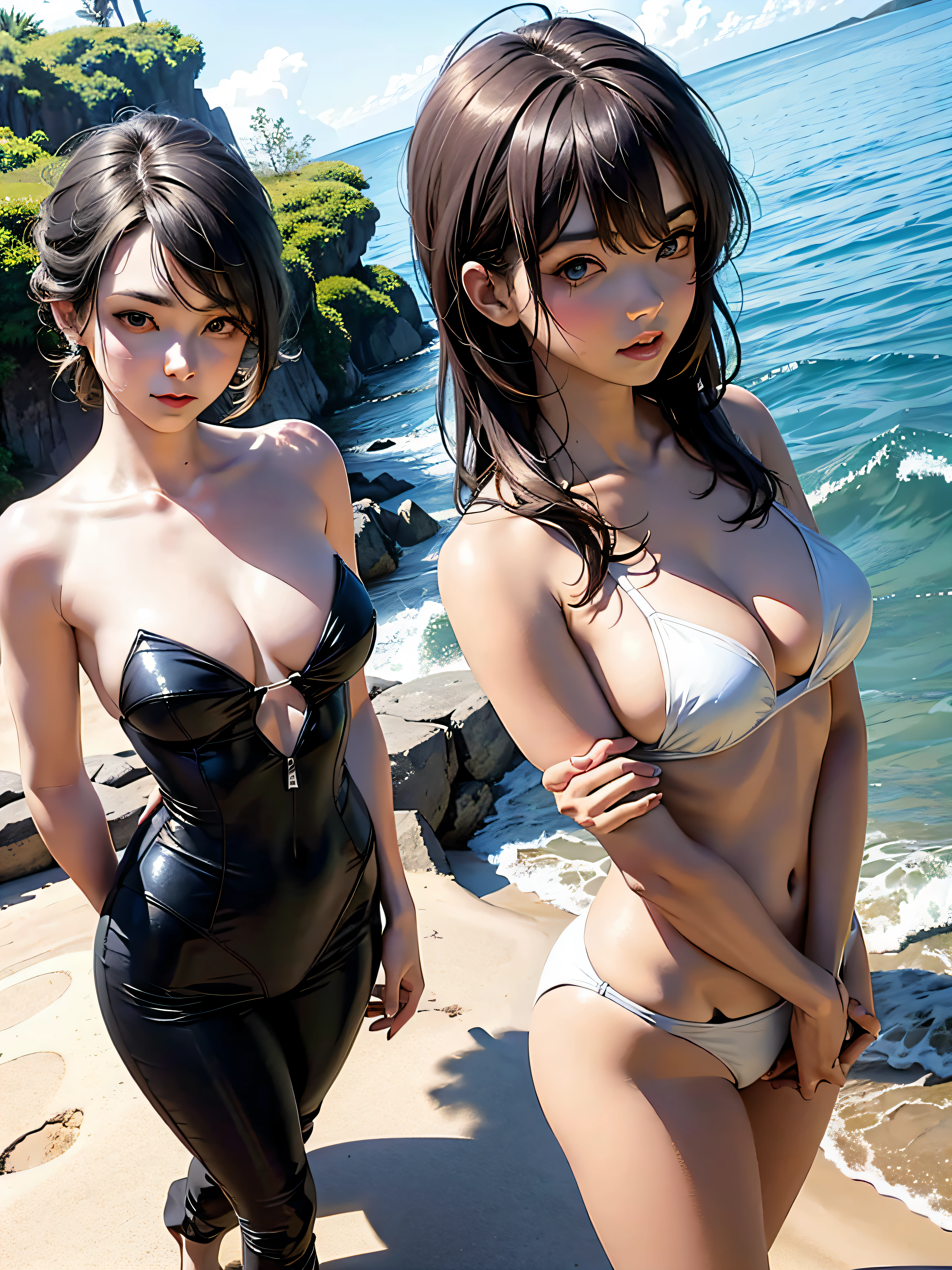 Deep eyes, soft shoulder and neck curves, smooth posture, wearing sexy swimsuits, beautiful girls standing quietly on the beach.