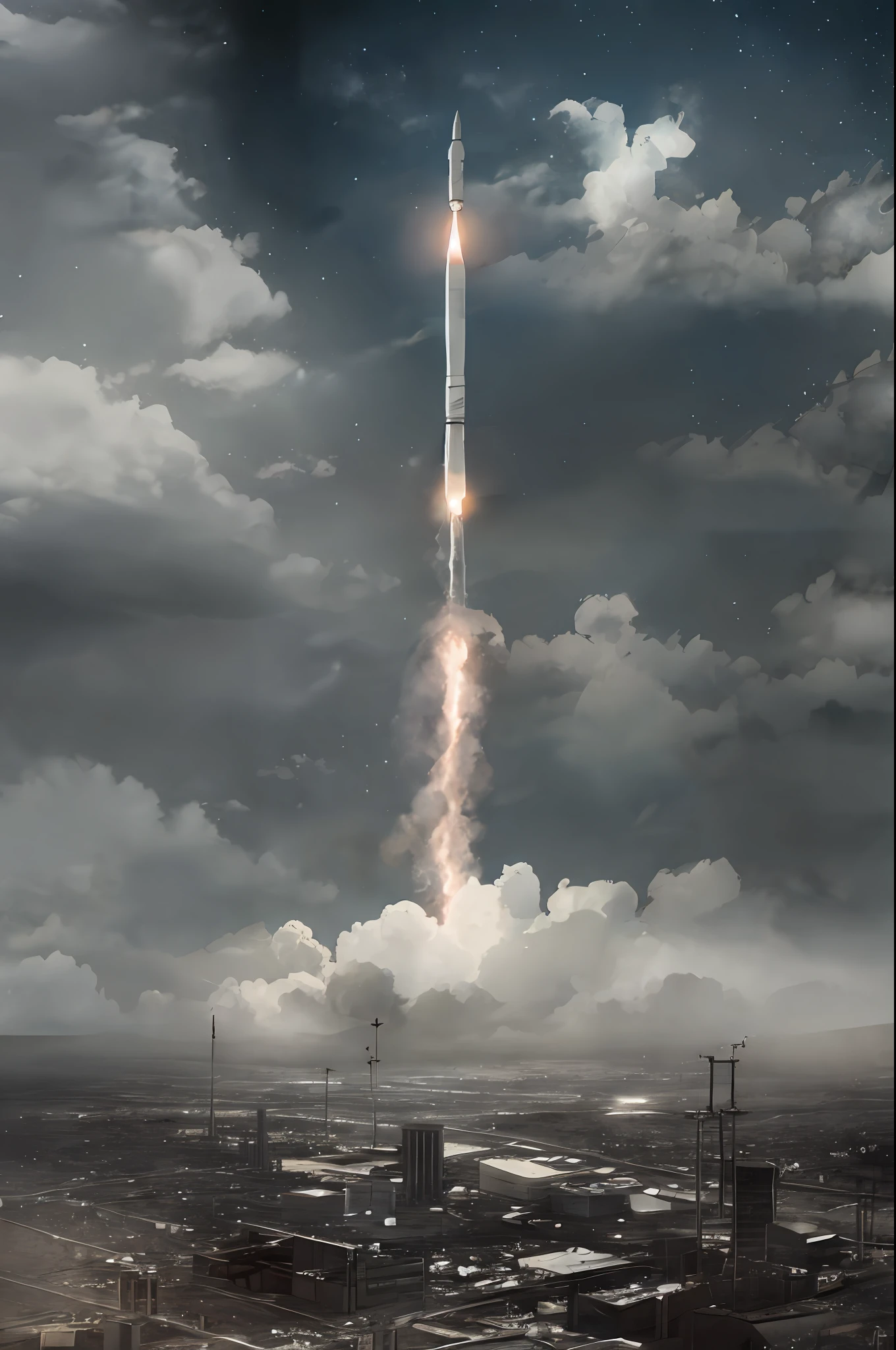 Gloomy, apocalyptic, mysterious, eerie, sky, rocket at the bottom of the picture, a rocket, launch, gray,