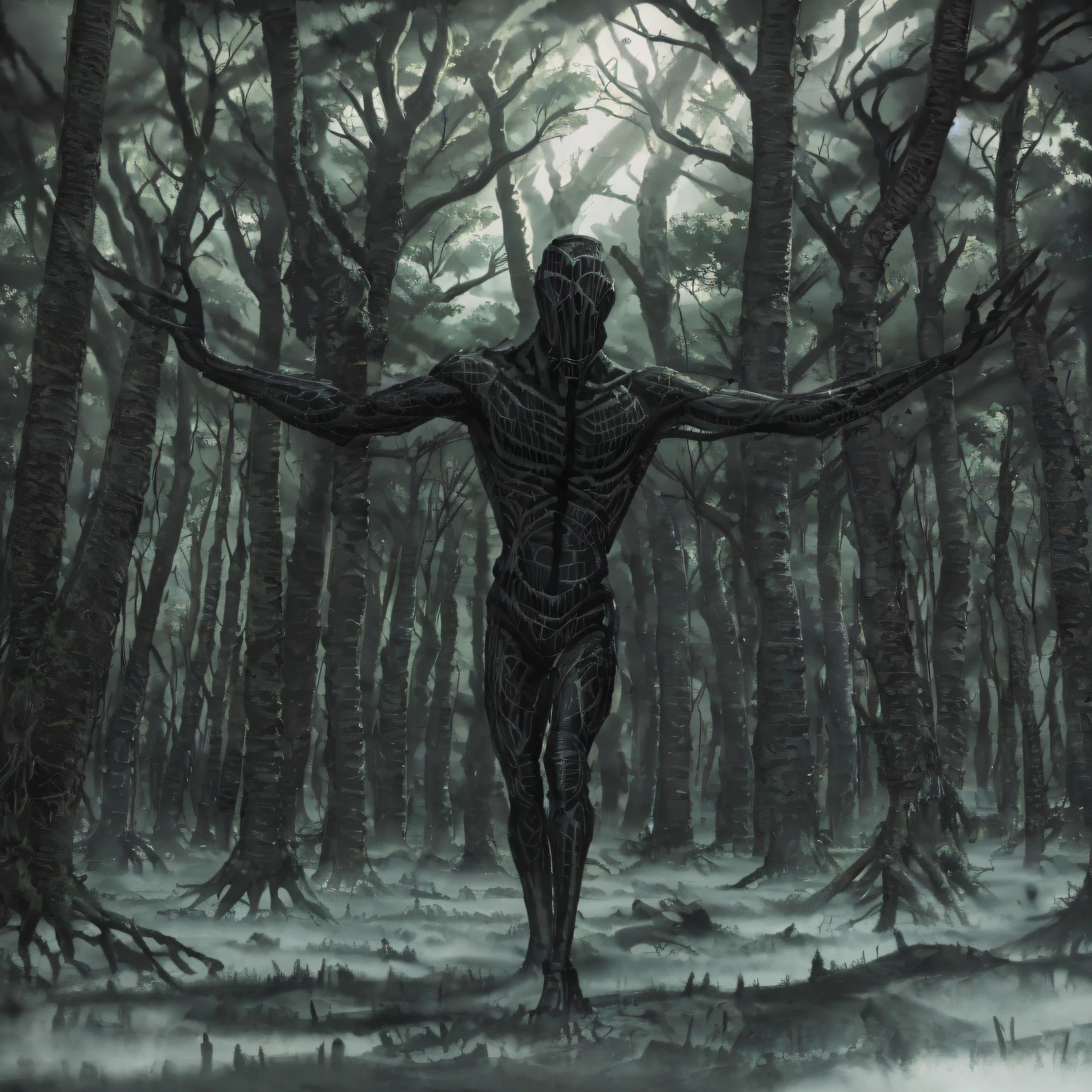 Dark creepy forest with a large black figure in between the trees with there body seamlessly made of a black void with unnaturally long arms and legs looking unhuman standing as high as the trees with two hyper realistic pencil drawn eyes --auto --s2