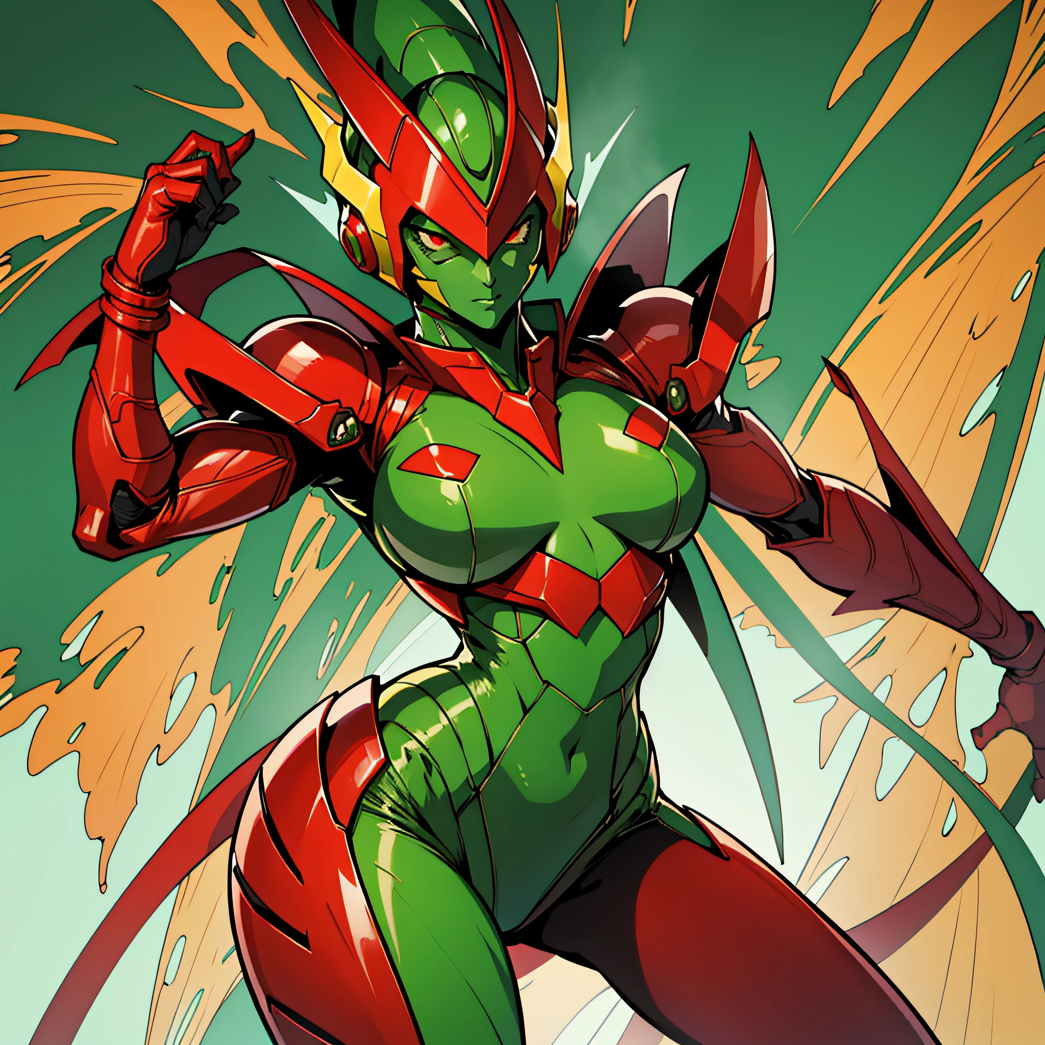 Cartoon photo of woman in green and red costume, hot insect humanoid woman, Guyver style, SFW version, red eye, scaraber reploid, tail, cel shade adult animation, alien queen, serpentine pose, --auto --s2