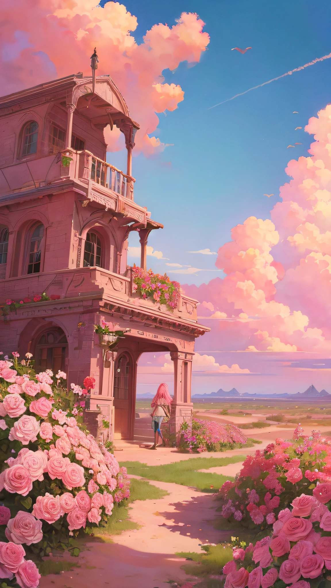 Summer, desert, pink clouds, a land overgrown with roses stands beautiful girl, James Gurney, art station rendered, ultra-wide lens, high definition