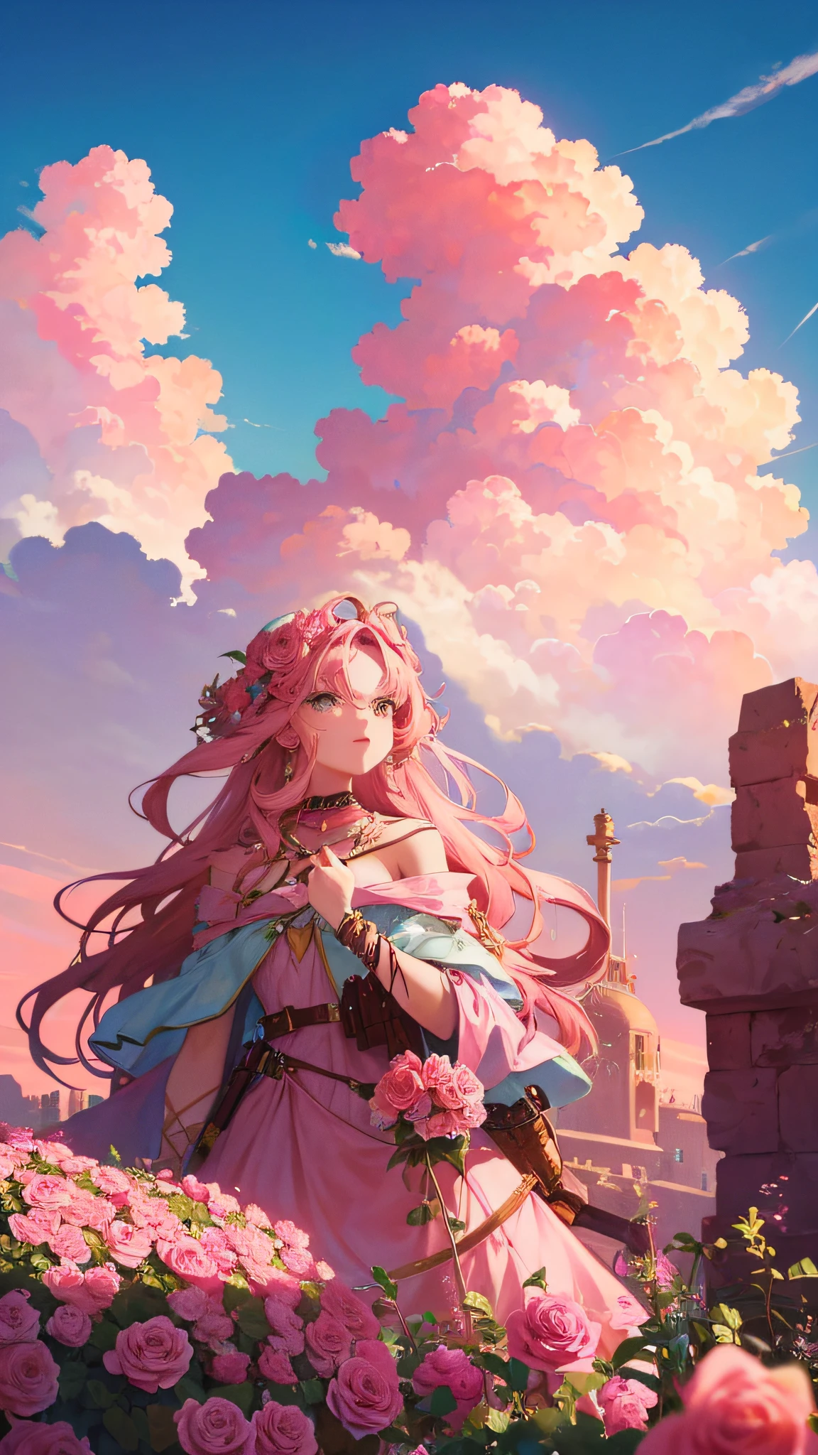 Summer, desert, pink clouds, a land overgrown with roses stands beautiful girl, James Gurney, art station rendered, ultra-wide lens, high definition