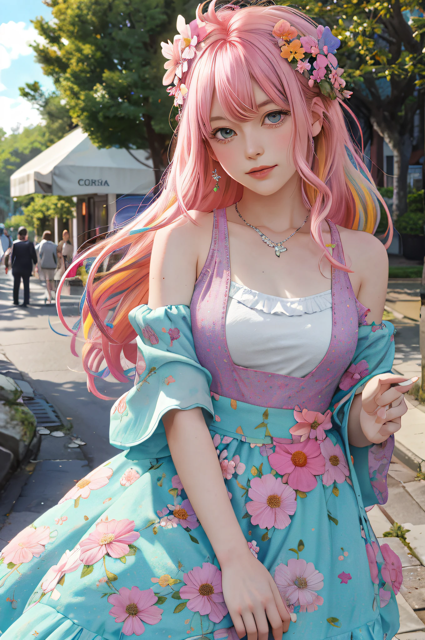 pink hair, bangs, forehead jewel, clover hair ornament, flower on head, multicolored eyes, full blush, Surrealism, high detail, Romanticism, Fauvism, En plein air, cinematic lighting, chiaroscuro, Sony FE GM, first-person view, projected inset, best quality, highres, 8k, masterpiece, textured skin, ccurate, award winning