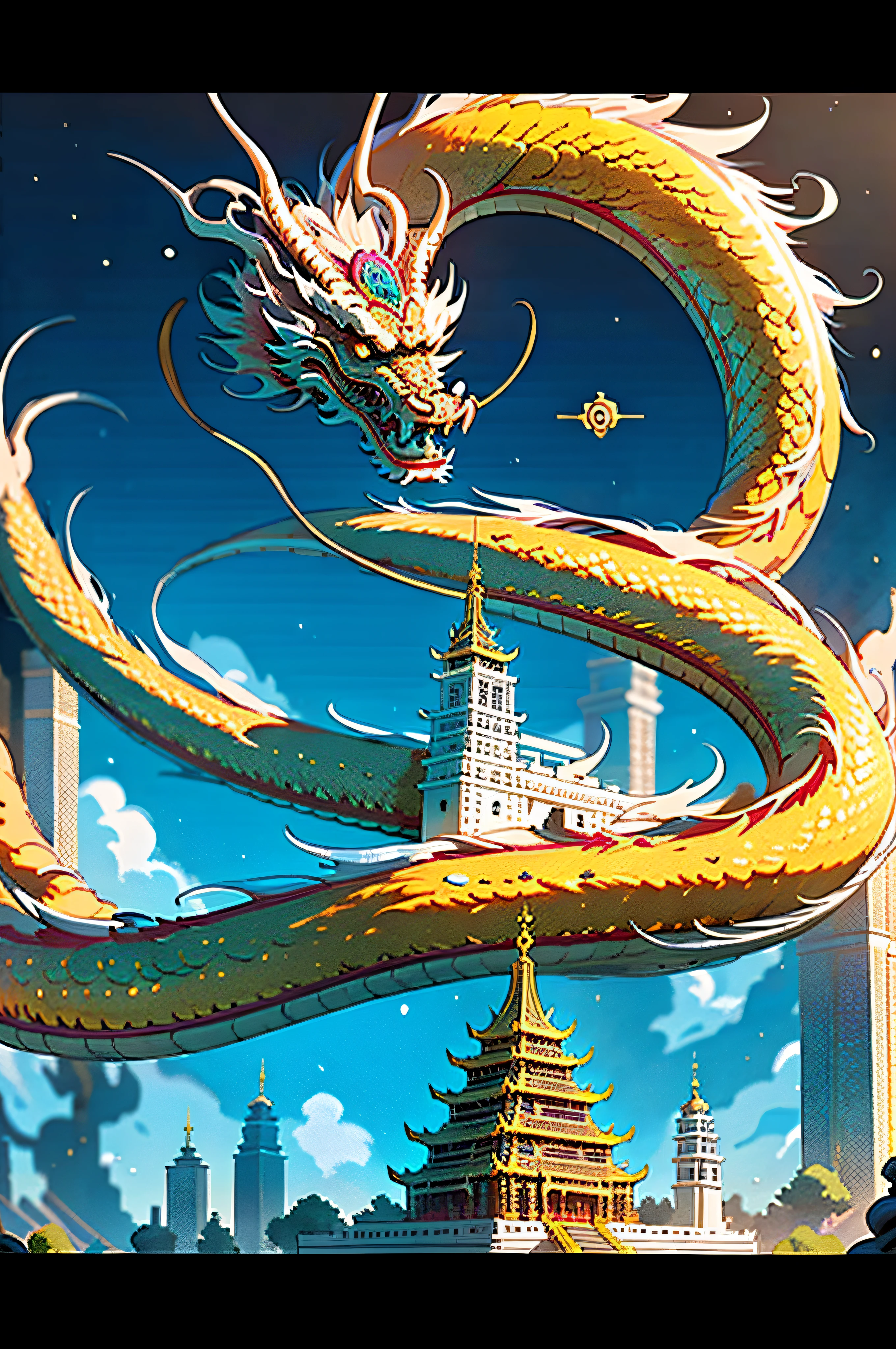 (Masterpiece, best_quality, Ultra Detailed, Immaculate: 1.3), Epic, Illustration, (Length: 1.2), Oriental Dragon, "Dystopian Temple, Golden Dragon"