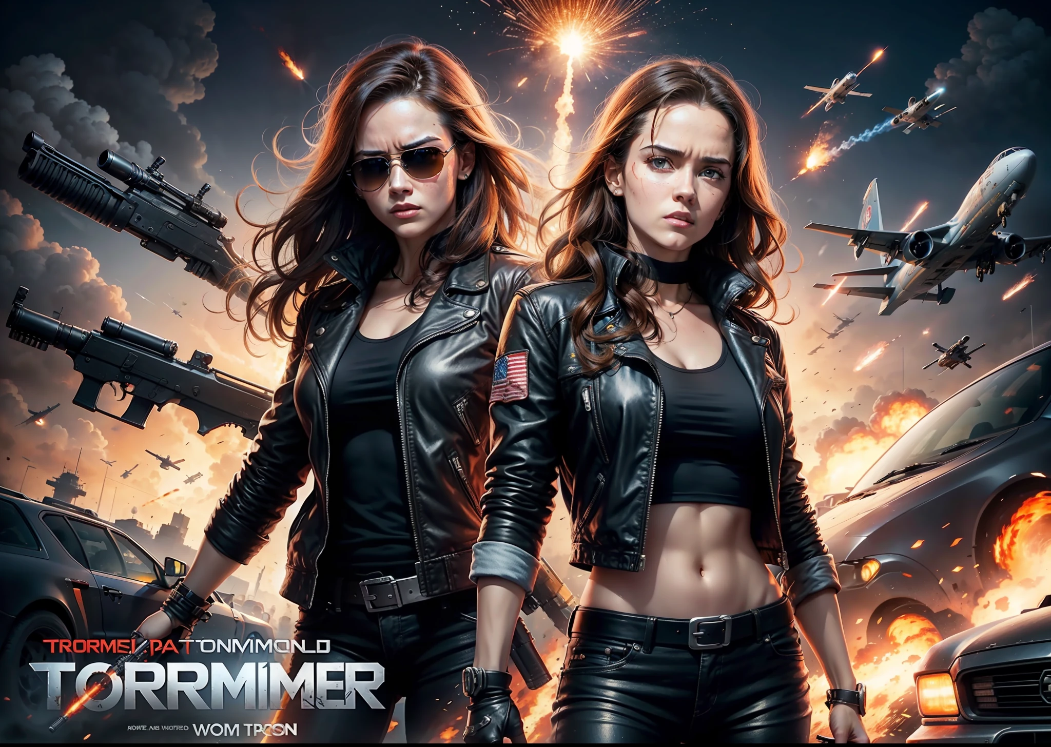 Terminator movie poster woman, explosions, guns, cars, planes