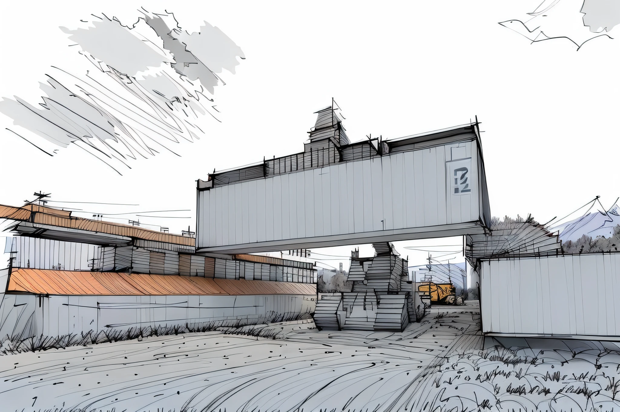 linear, gray, white background, simple background, sketch, sketch, pen_sketch_style, there is a large bulldozer that is parked in front of the containers, lifts the container, loading, heavy machinery, high detail, large shovel, mining scrap metal, gravel, hard work, massive construction machines