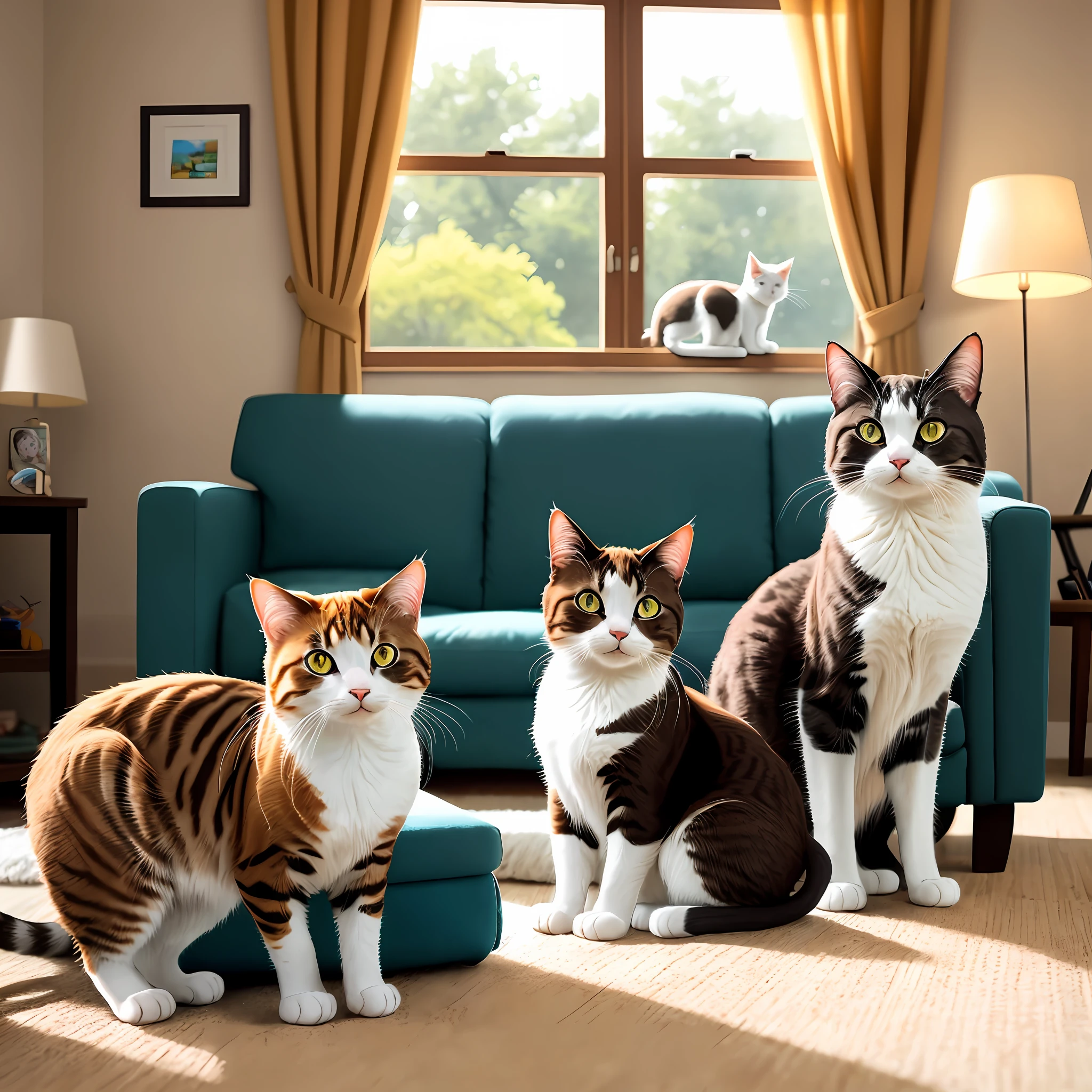 Sibling cats with brown fur sitting in a relaxed position, staring at a cartoon Tom with brown fur and a surprised Jerry. The environment is a cozy living room with a plush couch and a colorful rug. The camera model is a Canon EOS 5D Mark IV with a 50mm lens. The composition is centered on the cats with Tom and Jerry in the background. The perspective is at eye level with the cats. The lighting is natural, with soft sunlight coming in from a nearby window. The depth of field is shallow, with the cats in focus and Tom and Jerry slightly blurred. The shutter speed is set to capture the cats' stillness. The photo quality is high resolution with vibrant colors and sharp details. Capture the cats' personalities and the cartoon's whimsy in this playful scene. --style raw --no camera --v 5.1