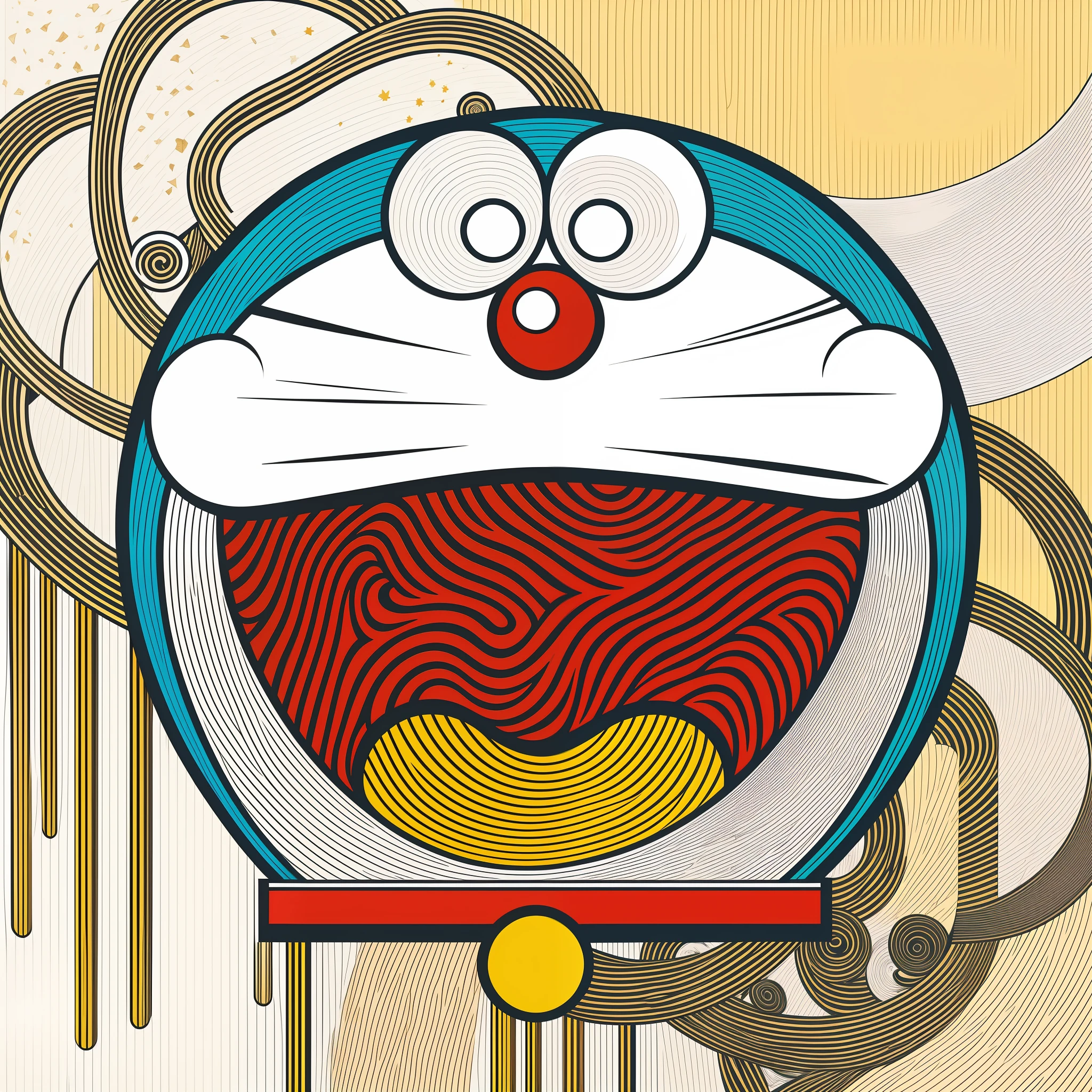 In the style of primary colors with white highlights, halftones, wave backgrounds, ukiyo-e style, expressive, official art, gorecore, dark yellow and light black, fashionable, full body. vectors, cel shades,