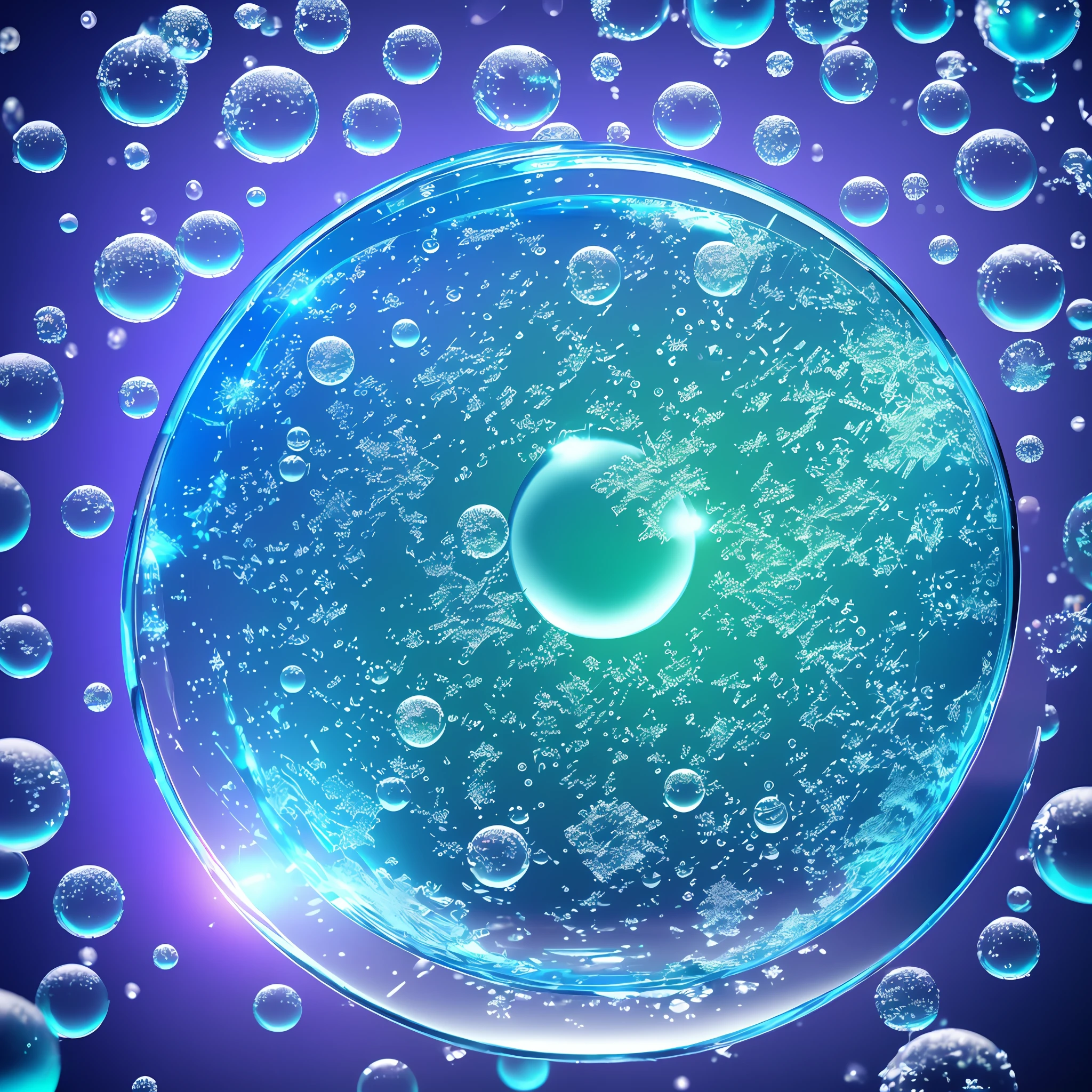 Computer volumetric graphics, realistic fantasy, Extensive landscape ultrasound photography (general view showing a glass glass, water, circles on the water, ice crystals, snowflakes, bubbles,), blurred background, warm, shade of green and blue, purple background, magic --auto --s2