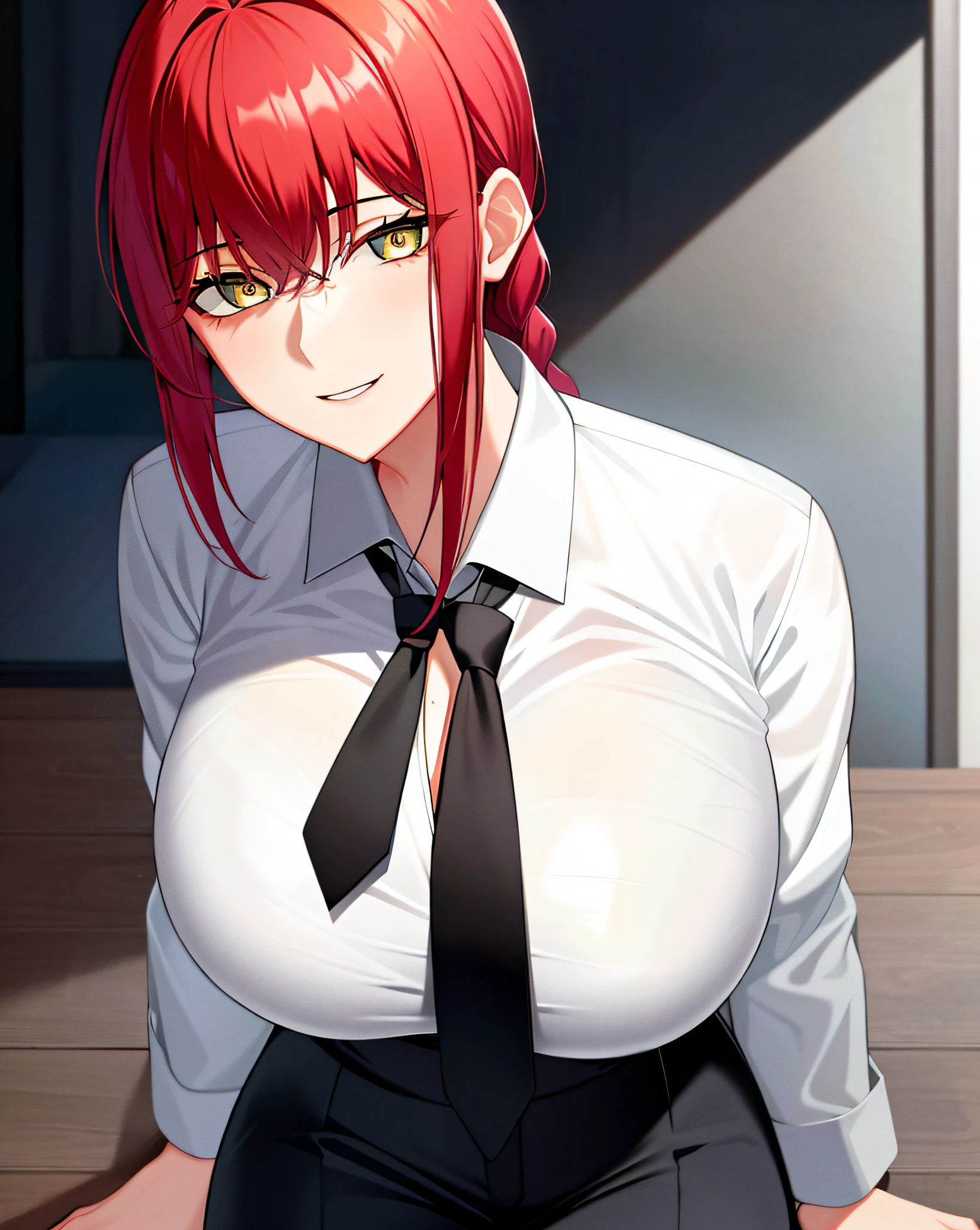 est quality, 1girl, white wet shirt, collared shirt, black necktie, black trousers, looking down, sensual, rotated, granny flat, evening, corneo_makima, makima \(chainsaw man\), (large breasts:1.4) , fingersmile:1.2, bored, ringed eyes, red hair, braided ponytail, color connection, colorized, vibrant color scheme, colorful, spot color, nsfw, cinematography, hyperdetailed, beautiful face, 4k, HD, artstation trending on artstation,