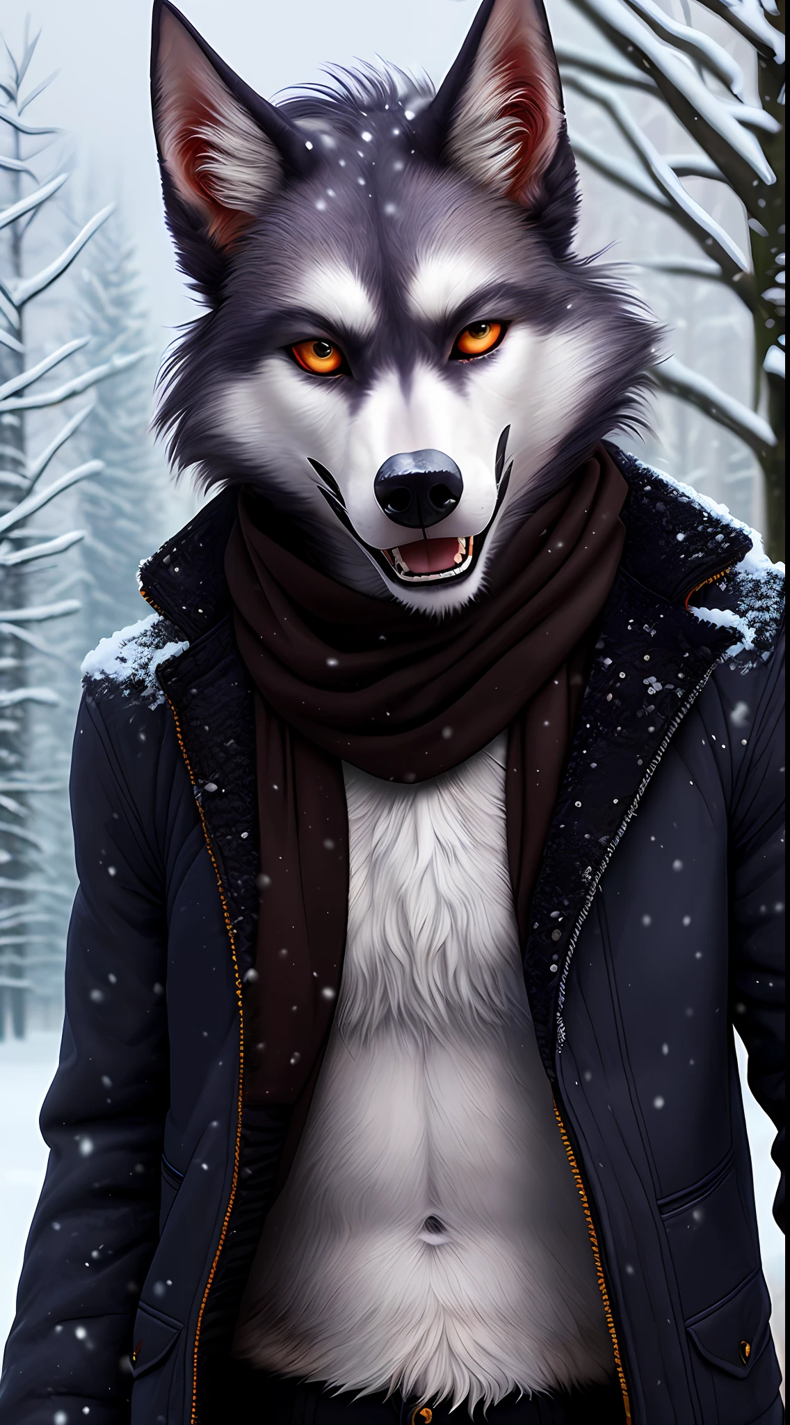 uploaded to e621, raw photo, realistic, anthro, detailed face, detailed fur, high resolution, beautiful and detailed portrait, muzzle, helluva boss, male hellhound, high resolution, in snowy winter, winter clothes, winter jacket, whole body, beautiful, enthusiastic face, solo, 1boy