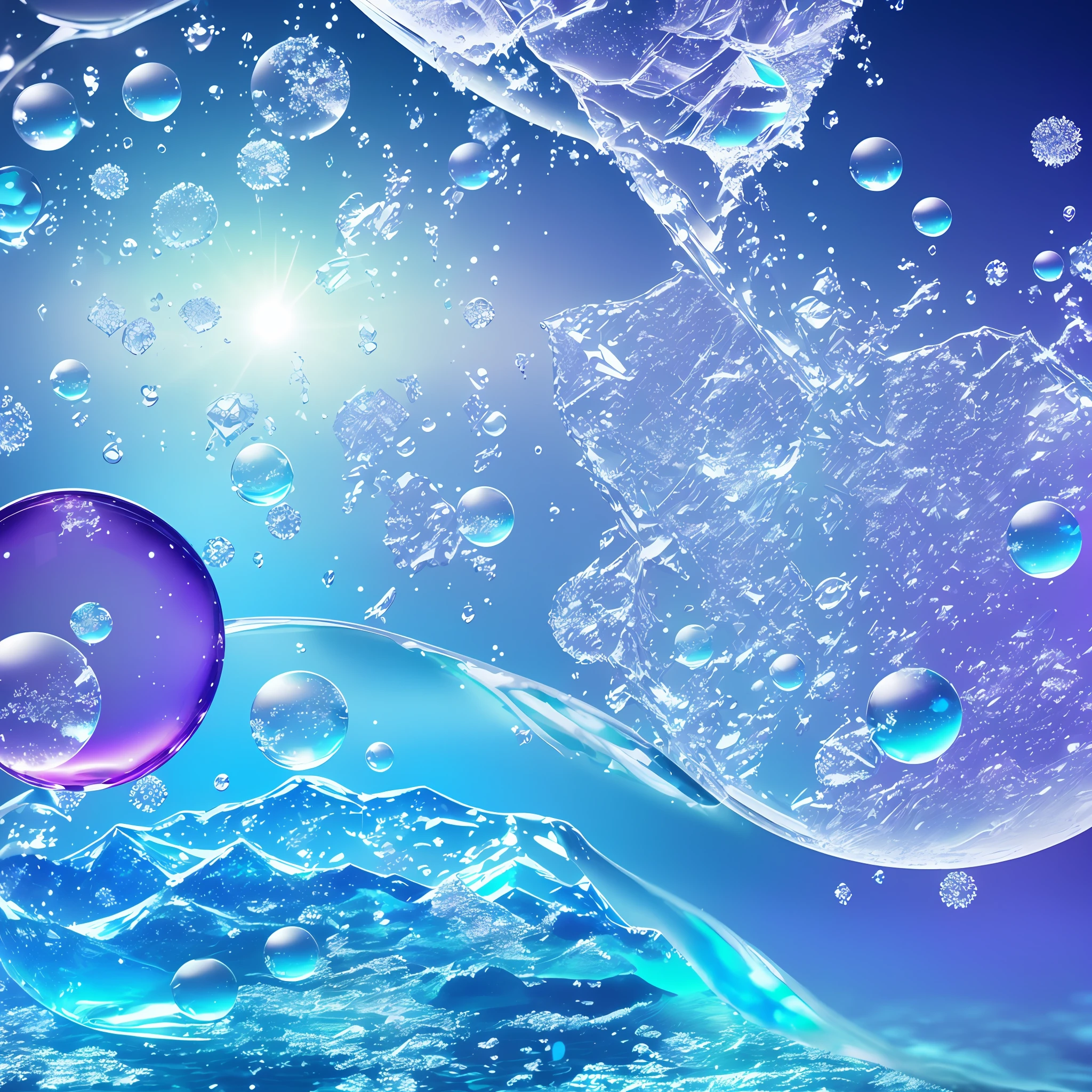 Computer volumetric graphics, realistic fantasy, Extensive landscape ultrasound photography (general view showing a glass glass, water, circles on the water, ice crystals, snowflakes, bubbles,), blurred background, warm, shade of green and blue, purple background, magic --auto --s2