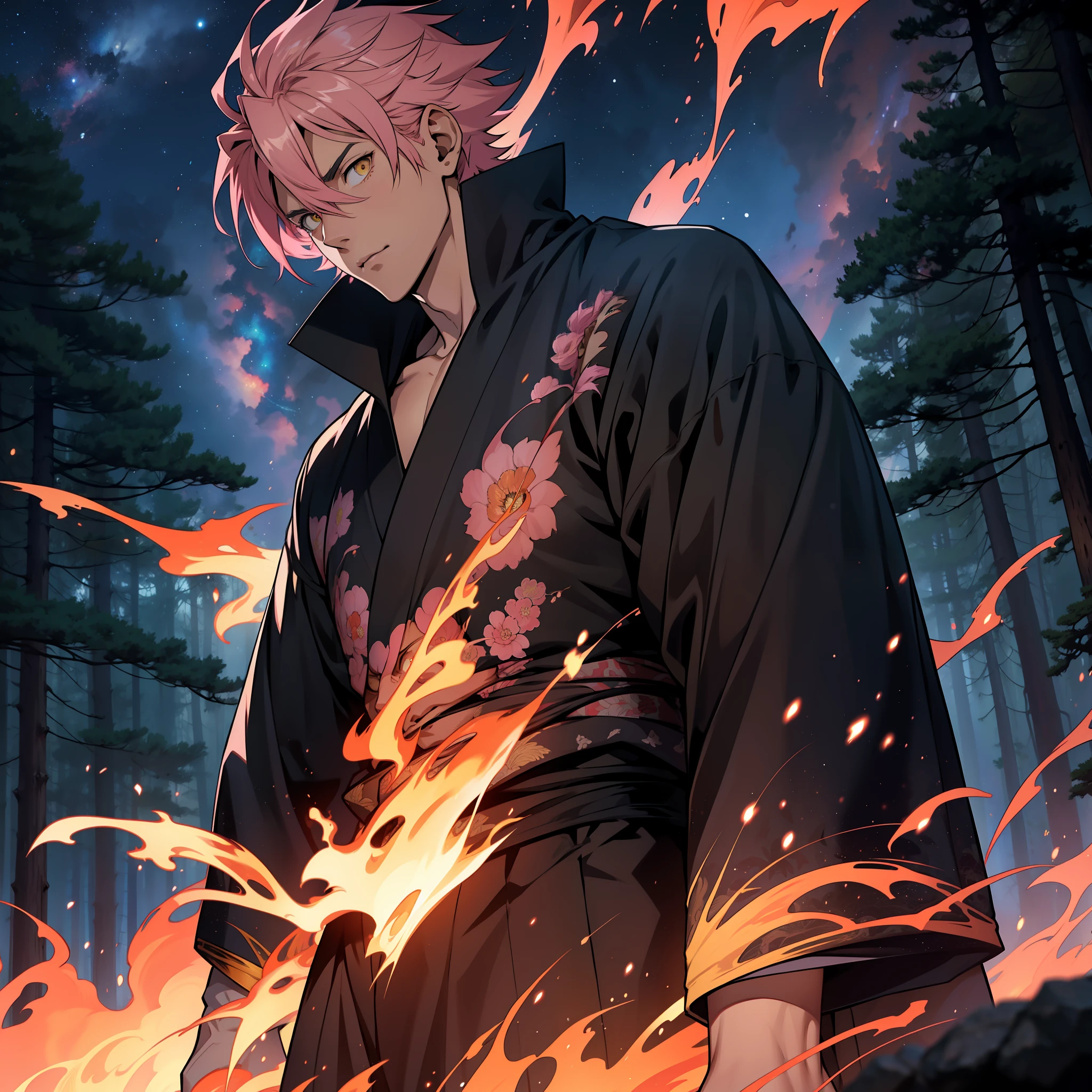 anime image of a man with dark pink hair and yellow eyes, short hair, 1man, solo man, anime handsome man, name of the character is chad, pink - haired anime boy, male anime character, kentaro miura style, expressionless, emotionless, head shot, deep in a forest, very dark night, starry sky, ninja clothing, japanese clothing, dark clothing, engulfed in flames, controlling flames, phoenix flames, black flames